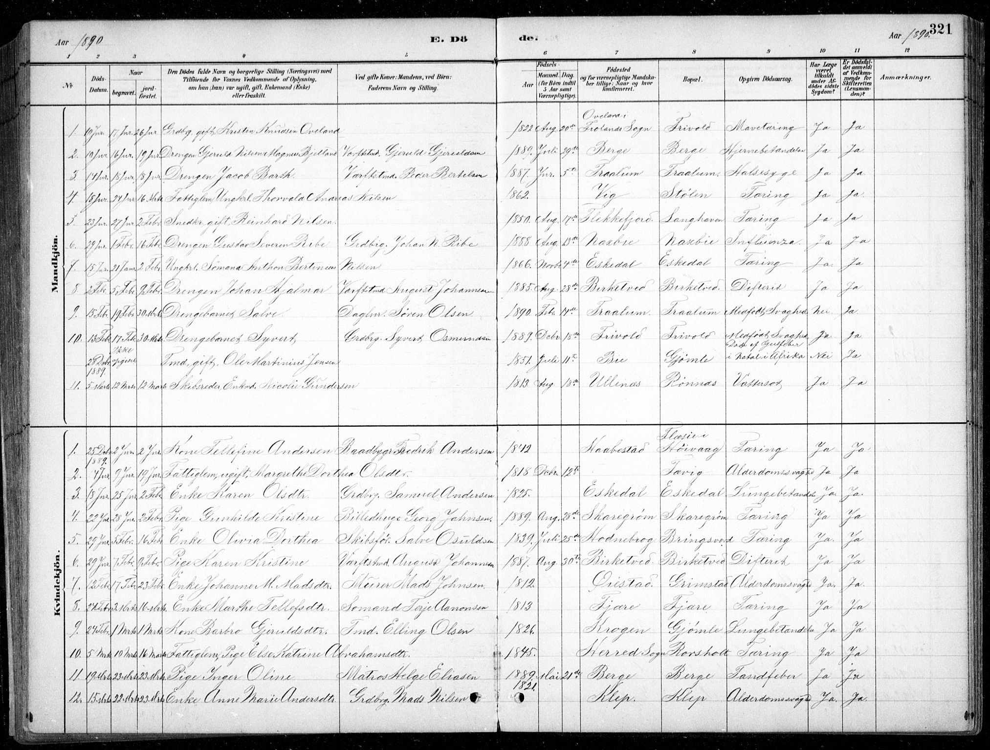 Fjære sokneprestkontor, SAK/1111-0011/F/Fb/L0011: Parish register (copy) no. B 11, 1881-1905, p. 321