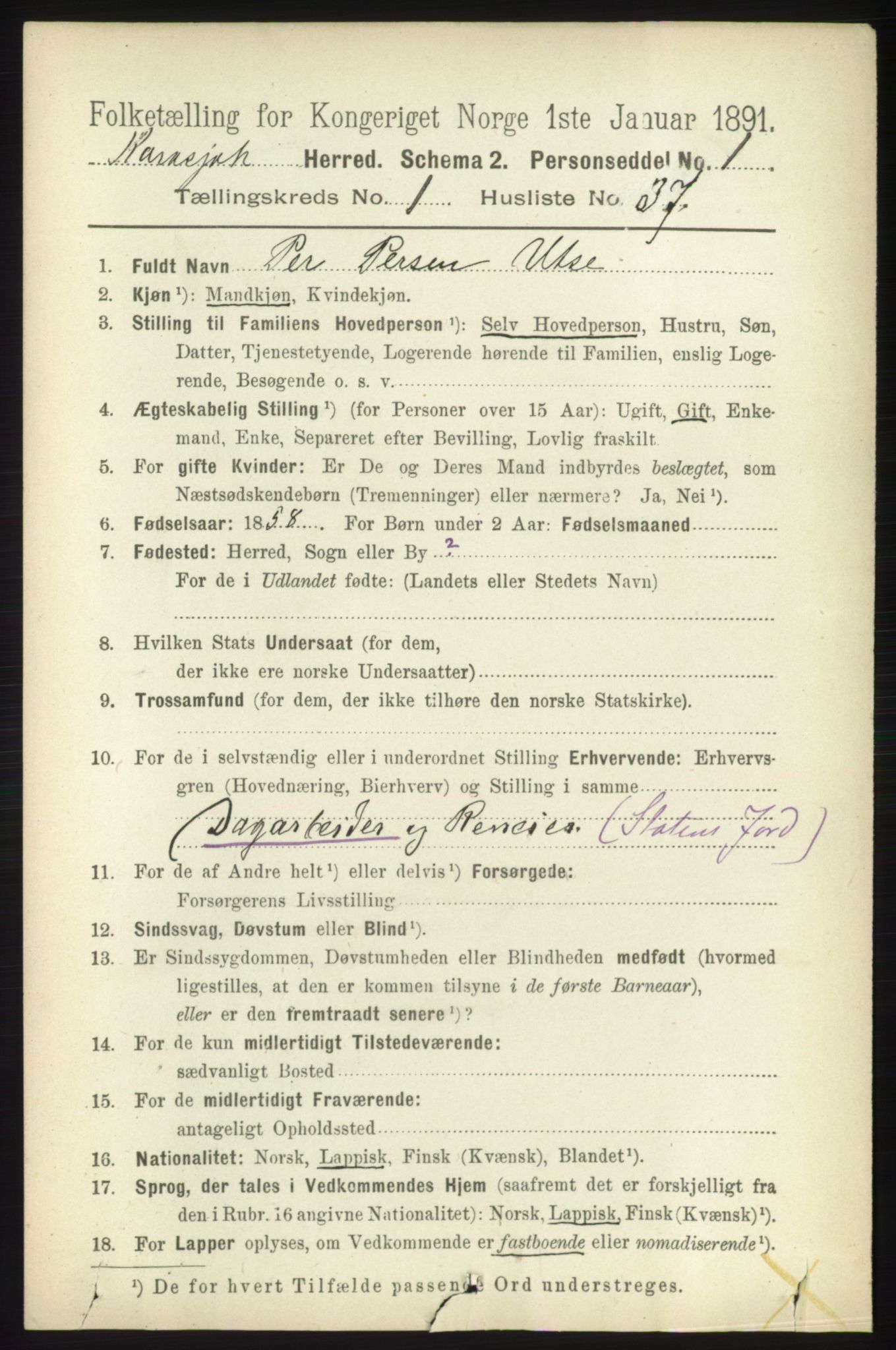 RA, 1891 census for 2021 Karasjok, 1891, p. 414