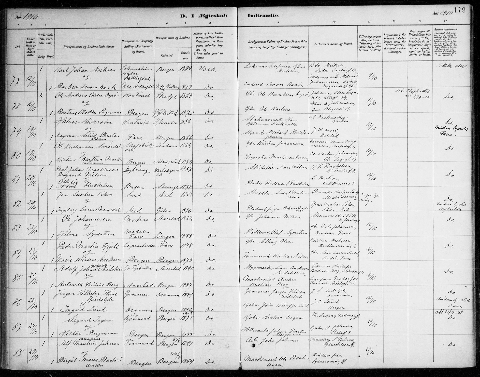 Johanneskirken sokneprestembete, AV/SAB-A-76001/H/Haa/L0012: Parish register (official) no. D 1, 1885-1912, p. 179