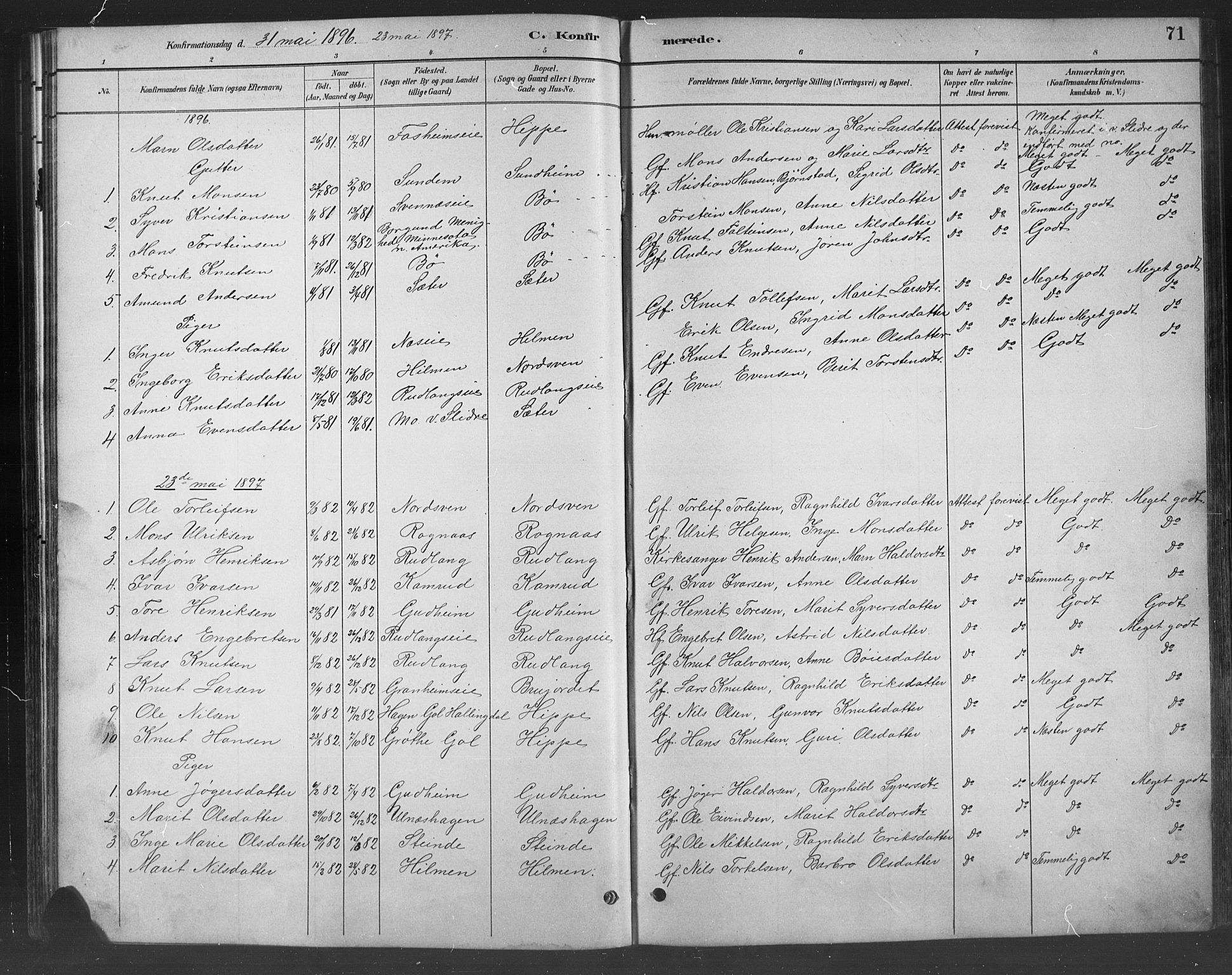 Nord-Aurdal prestekontor, SAH/PREST-132/H/Ha/Hab/L0008: Parish register (copy) no. 8, 1883-1916, p. 71