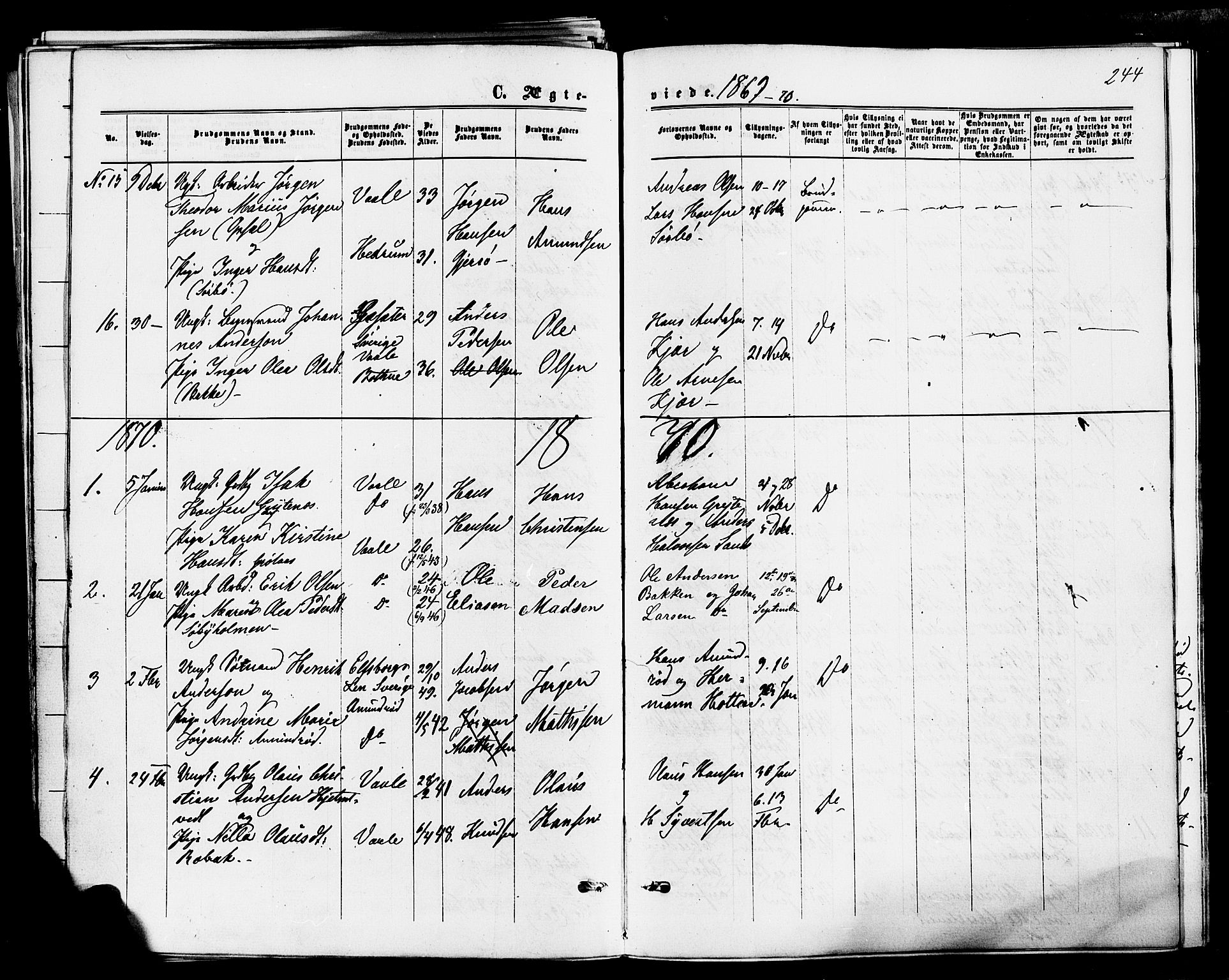 Våle kirkebøker, AV/SAKO-A-334/F/Fa/L0010: Parish register (official) no. I 10, 1861-1877, p. 244