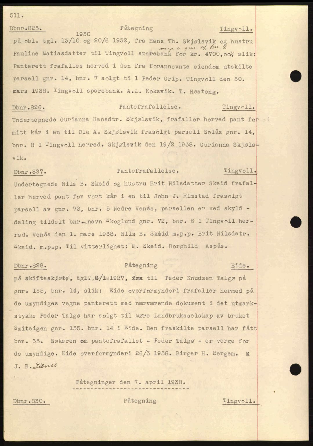 Nordmøre sorenskriveri, AV/SAT-A-4132/1/2/2Ca: Mortgage book no. C80, 1936-1939, Diary no: : 825/1938