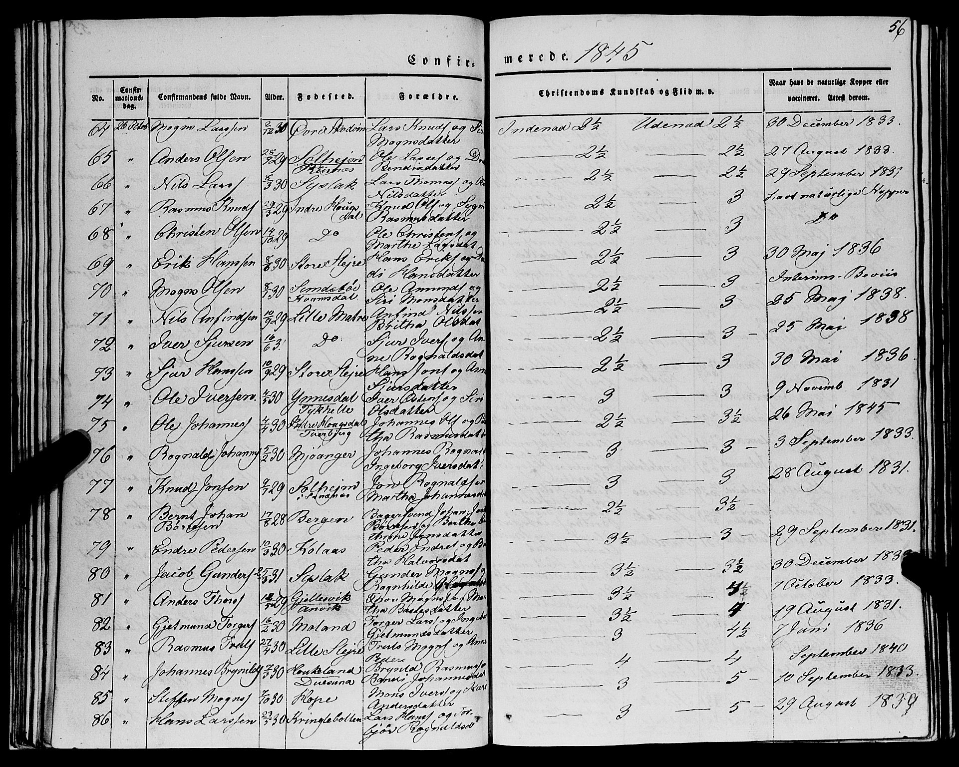 Lindås Sokneprestembete, SAB/A-76701/H/Haa: Parish register (official) no. A 12, 1836-1848, p. 56