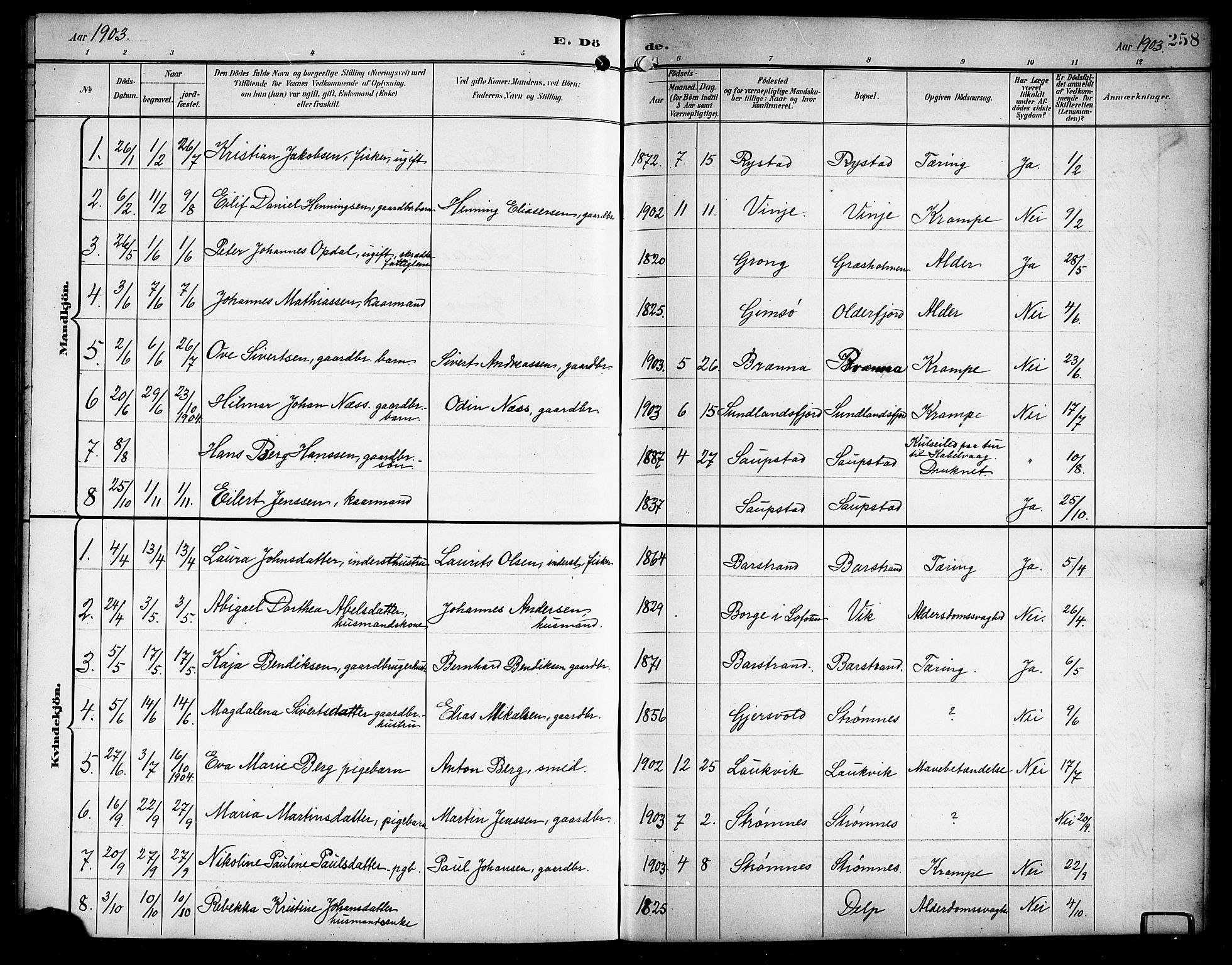 Ministerialprotokoller, klokkerbøker og fødselsregistre - Nordland, AV/SAT-A-1459/876/L1105: Parish register (copy) no. 876C04, 1896-1914, p. 258