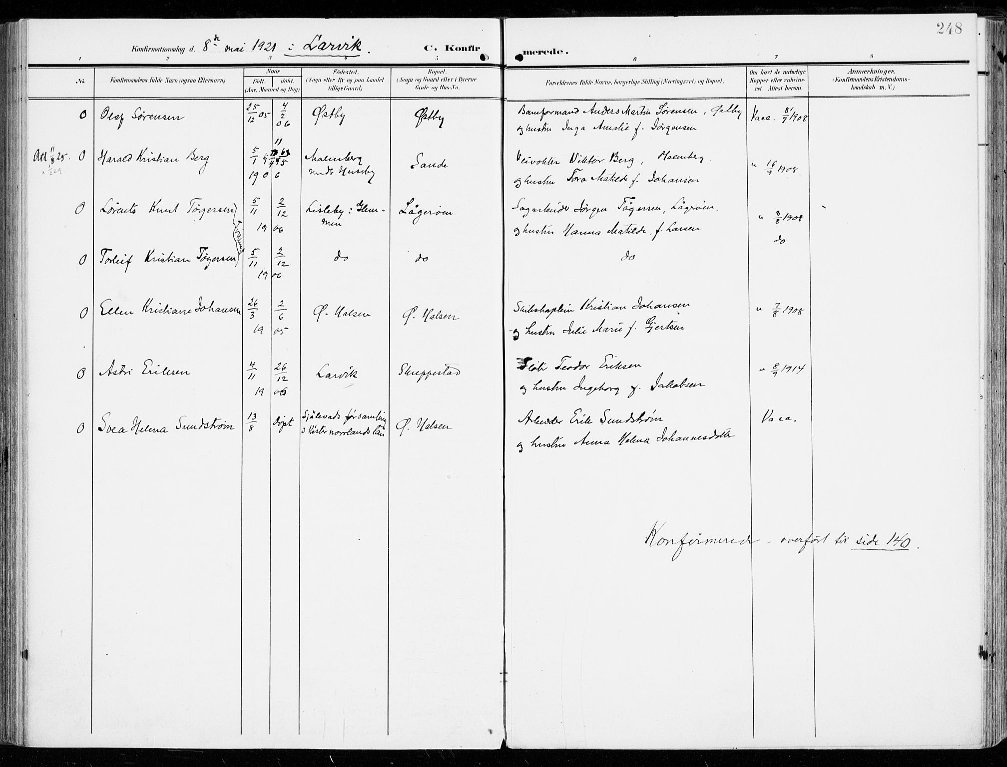 Tjølling kirkebøker, AV/SAKO-A-60/F/Fa/L0010: Parish register (official) no. 10, 1906-1923, p. 248