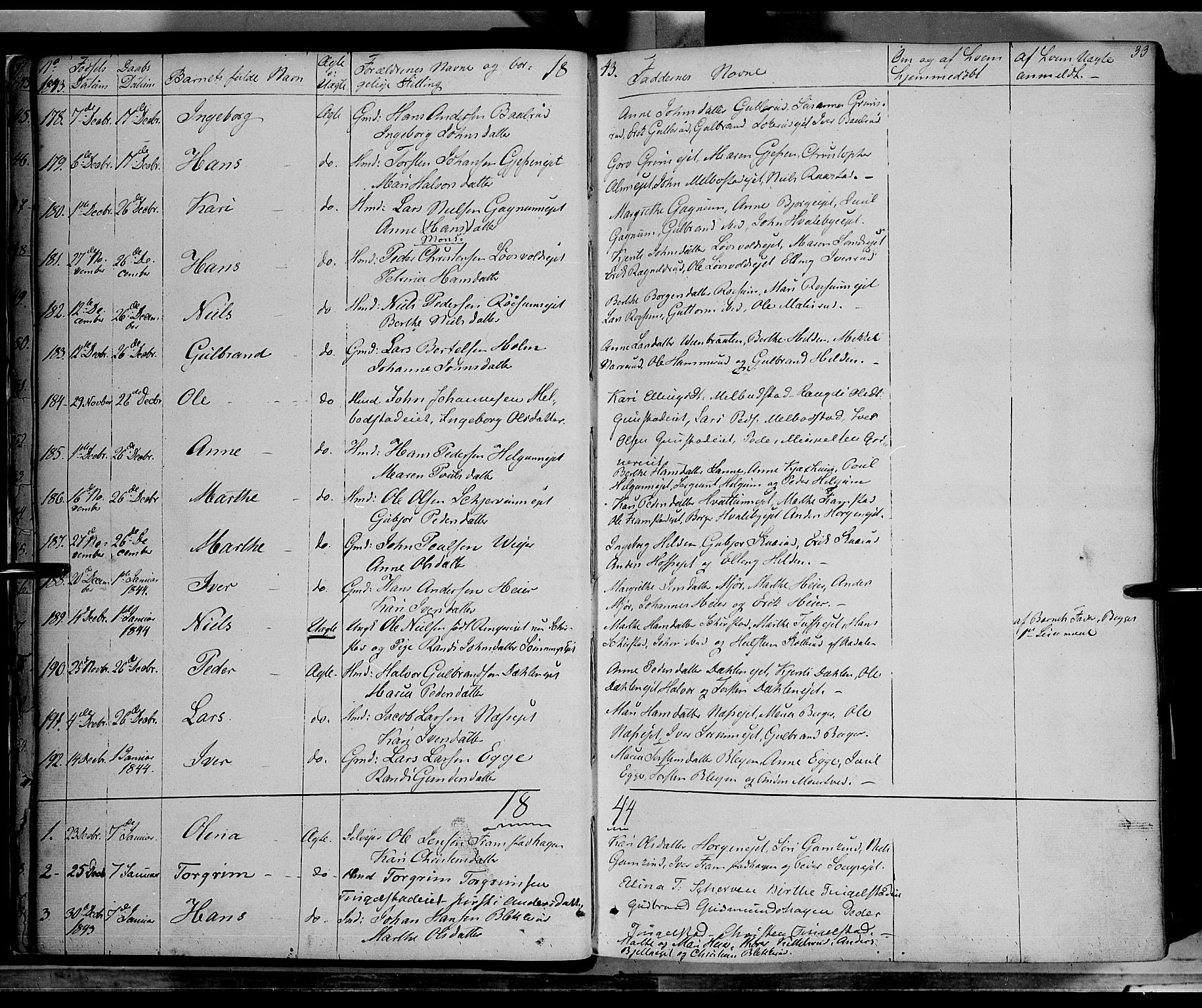 Gran prestekontor, SAH/PREST-112/H/Ha/Haa/L0011: Parish register (official) no. 11, 1842-1856, p. 32-33