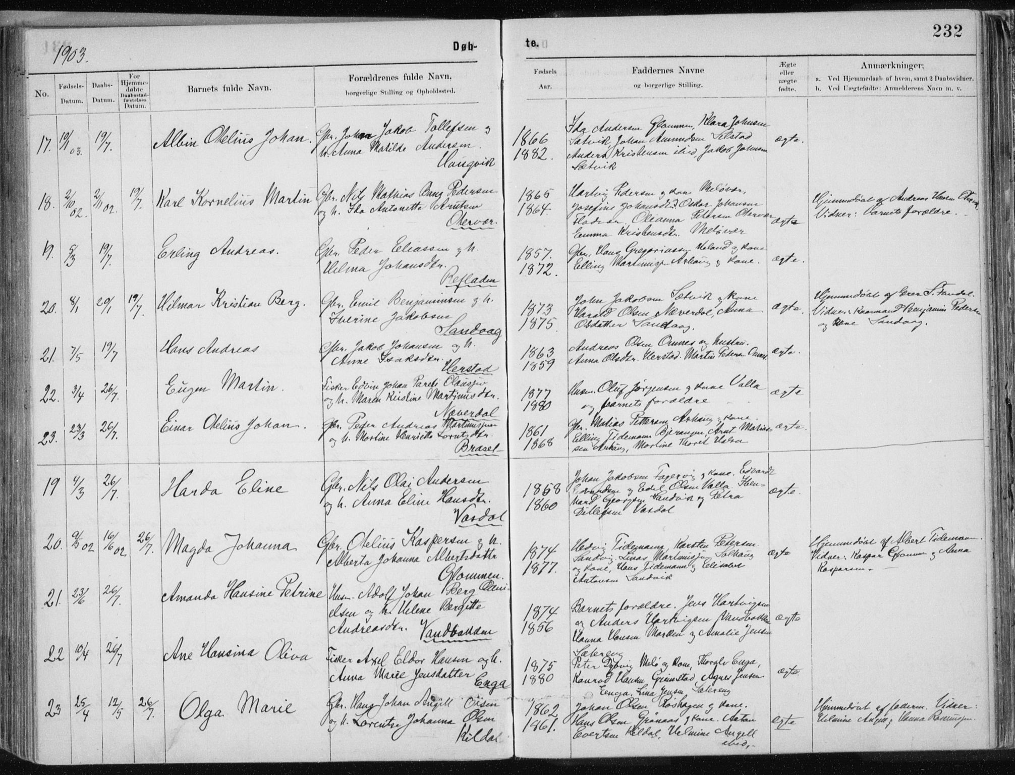 Ministerialprotokoller, klokkerbøker og fødselsregistre - Nordland, AV/SAT-A-1459/843/L0636: Parish register (copy) no. 843C05, 1884-1909, p. 232