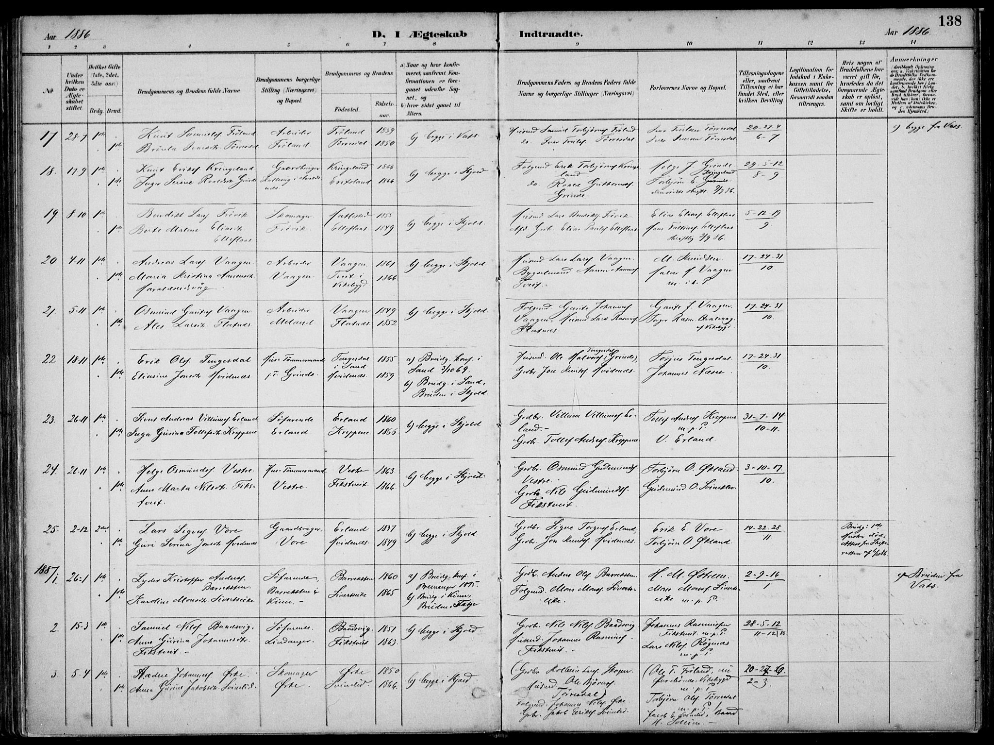 Skjold sokneprestkontor, SAST/A-101847/H/Ha/Haa/L0010: Parish register (official) no. A 10, 1882-1897, p. 138