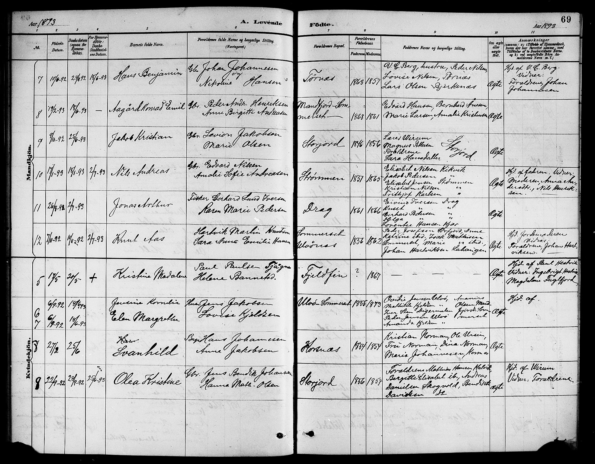 Ministerialprotokoller, klokkerbøker og fødselsregistre - Nordland, AV/SAT-A-1459/861/L0876: Parish register (copy) no. 861C02, 1887-1903, p. 69