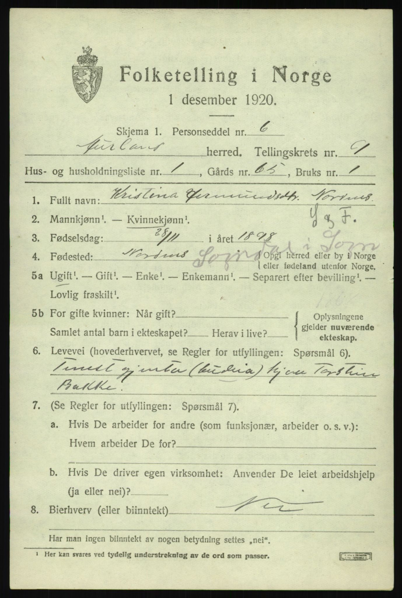 SAB, 1920 census for Aurland, 1920, p. 4754