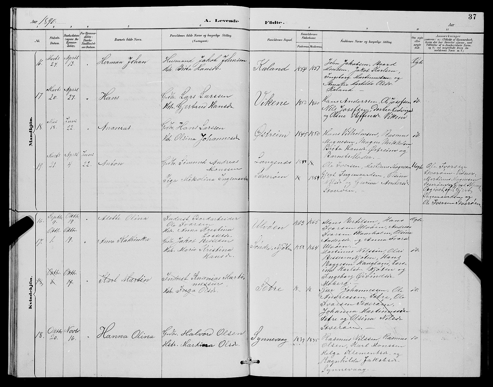 Lindås Sokneprestembete, AV/SAB-A-76701/H/Hab/Habc/L0003: Parish register (copy) no. C 3, 1886-1893, p. 37