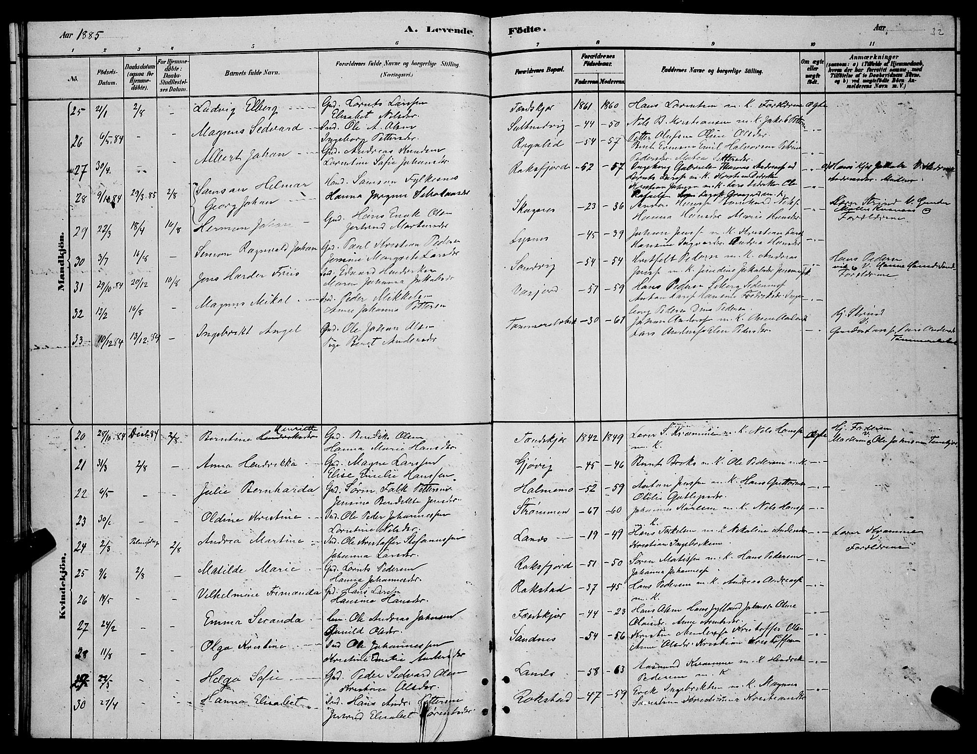 Lenvik sokneprestembete, AV/SATØ-S-1310/H/Ha/Hab/L0006klokker: Parish register (copy) no. 6, 1881-1889, p. 32