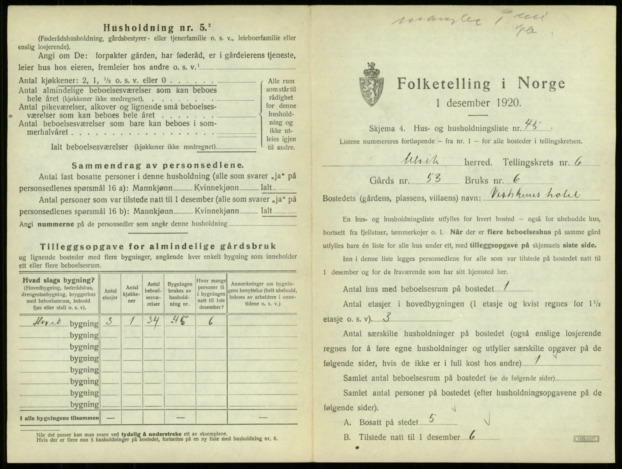 SAB, 1920 census for Ulvik, 1920, p. 55