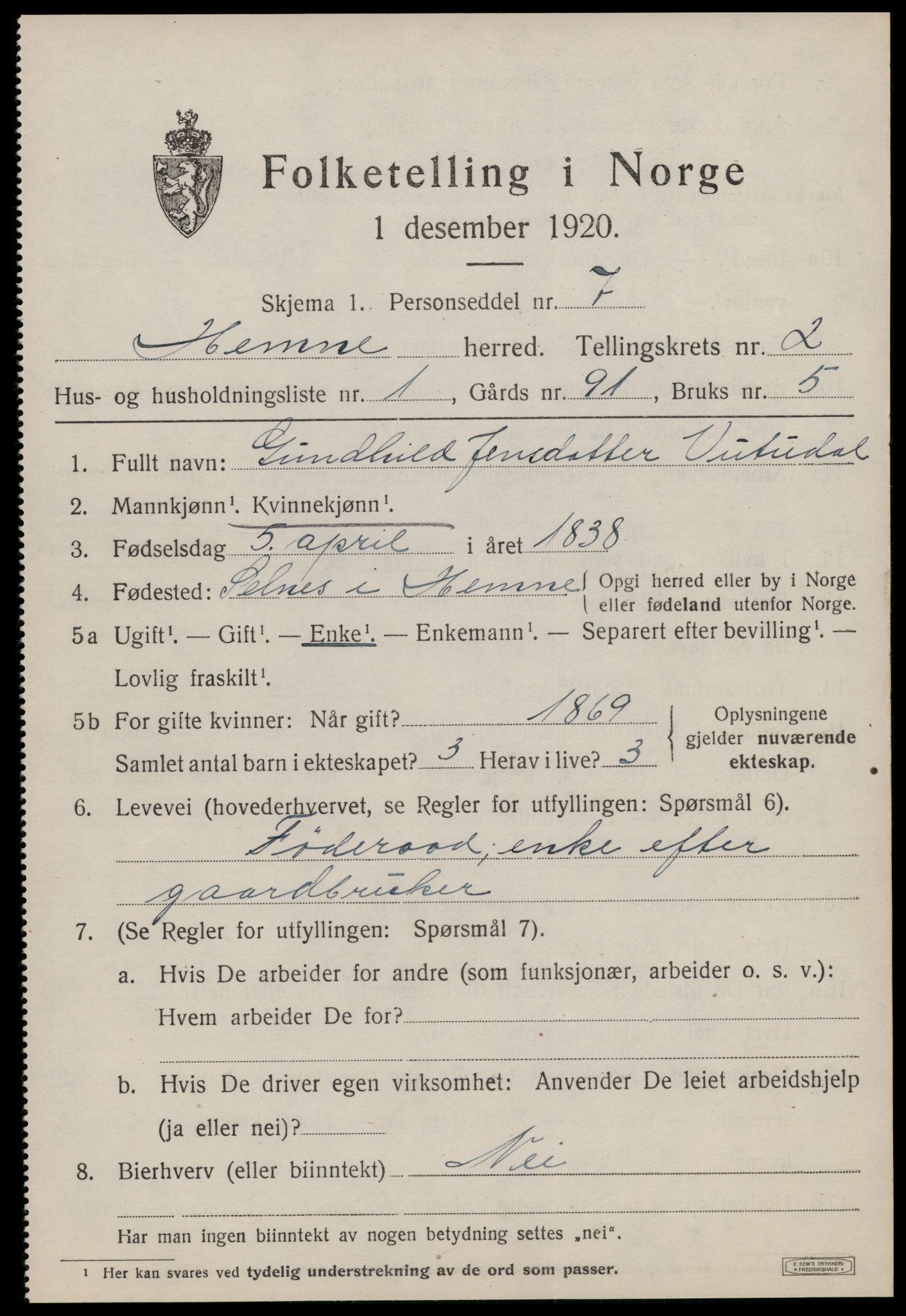 SAT, 1920 census for Hemne, 1920, p. 1818