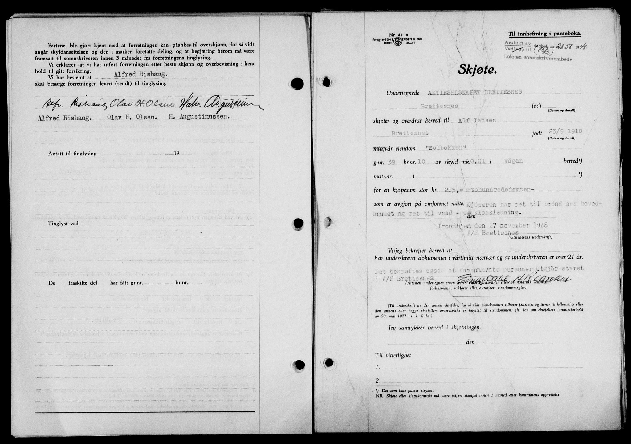 Lofoten sorenskriveri, SAT/A-0017/1/2/2C/L0020a: Mortgage book no. 20a, 1948-1949, Diary no: : 2858/1948