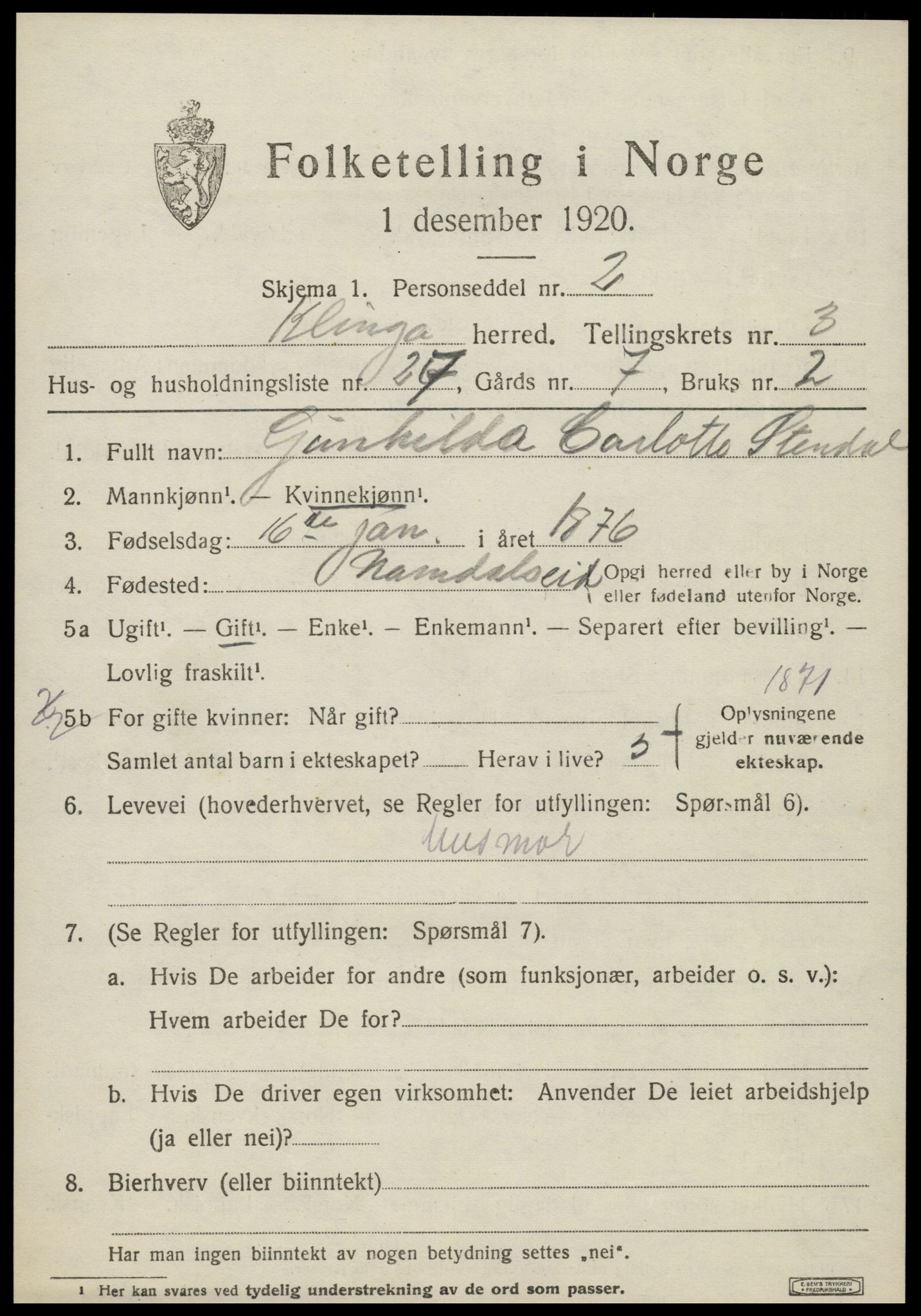 SAT, 1920 census for Klinga, 1920, p. 2389