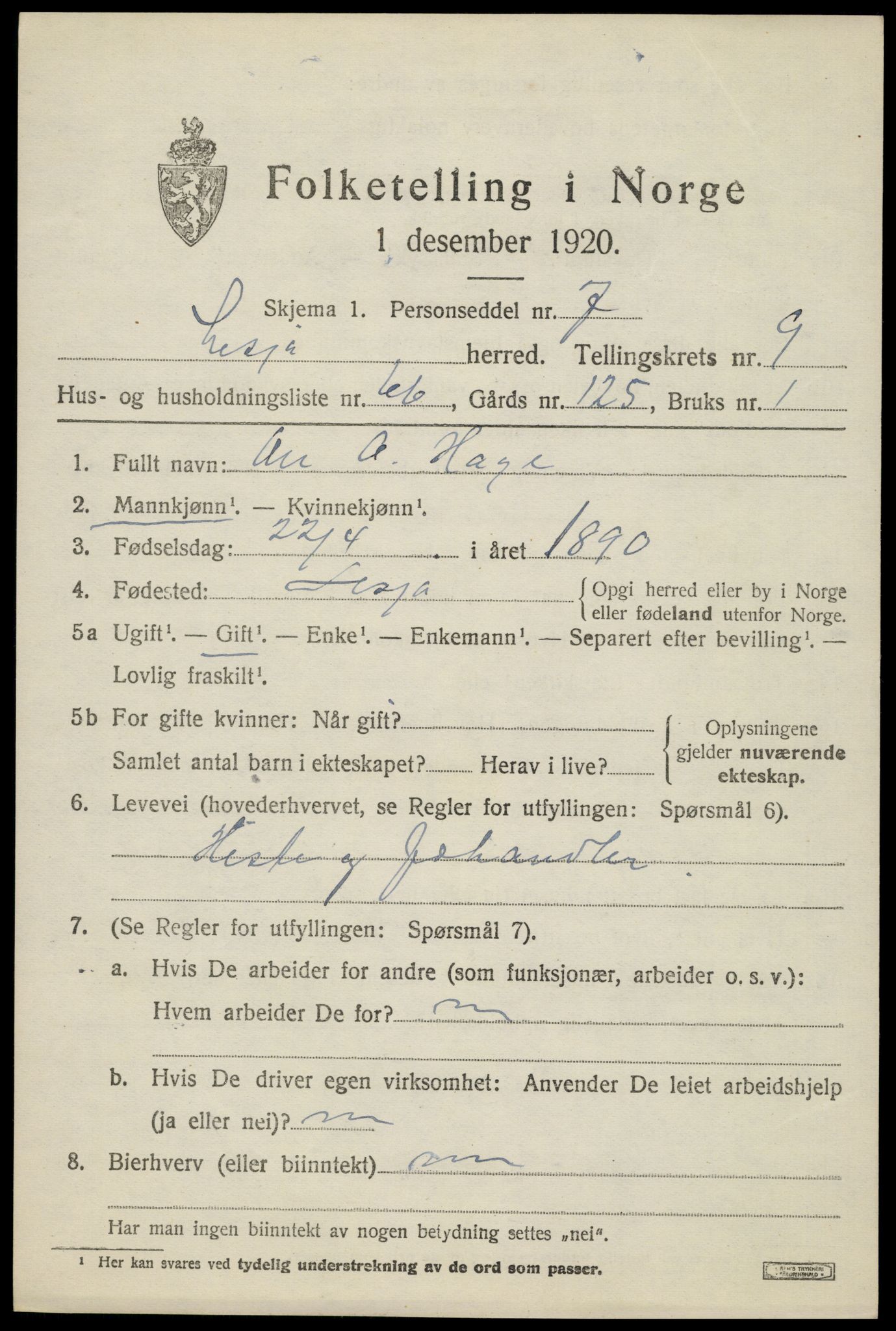 SAH, 1920 census for Lesja, 1920, p. 6124