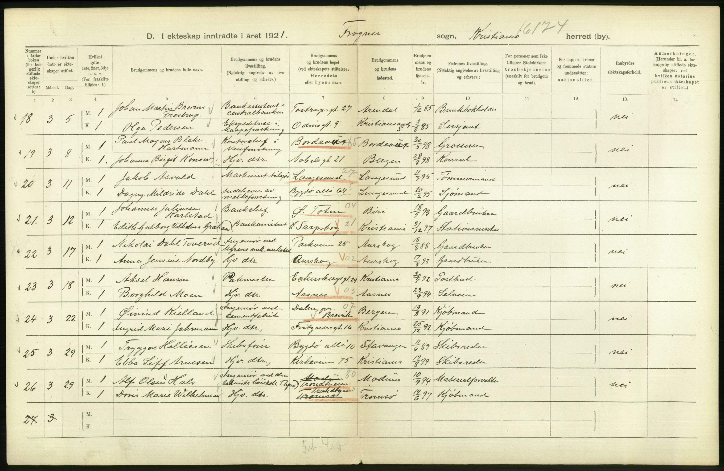 Statistisk sentralbyrå, Sosiodemografiske emner, Befolkning, RA/S-2228/D/Df/Dfc/Dfca/L0011: Kristiania: Gifte, 1921, p. 108