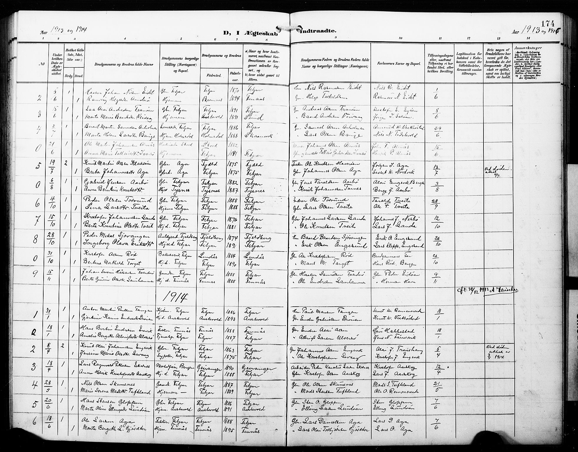 Fitjar sokneprestembete, SAB/A-99926: Parish register (copy) no. B 1, 1906-1928, p. 174