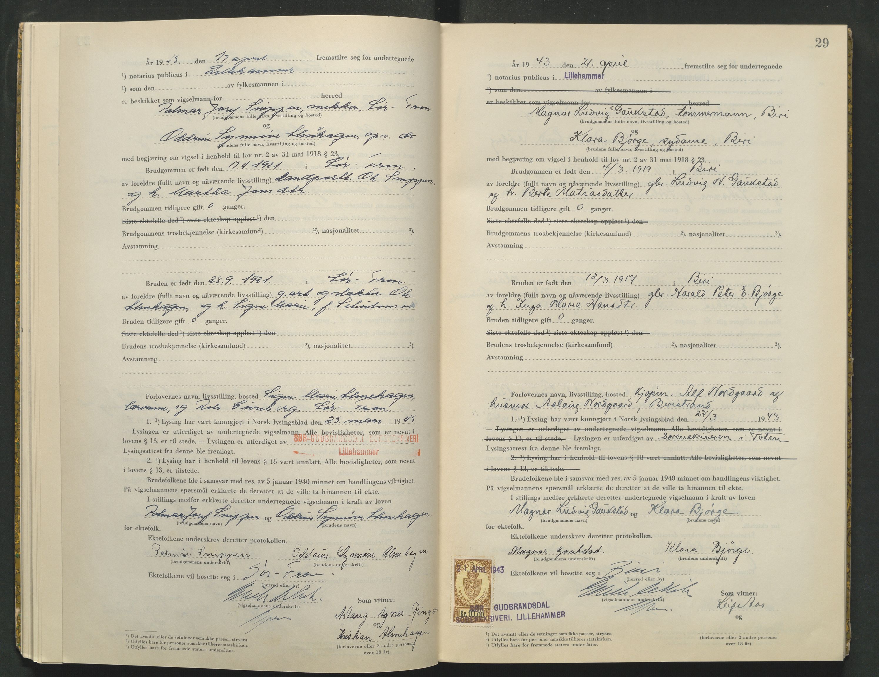 Sør-Gudbrandsdal tingrett, AV/SAH-TING-004/L/Lc/L0003: Vigselsprotokoll, 1943, p. 29