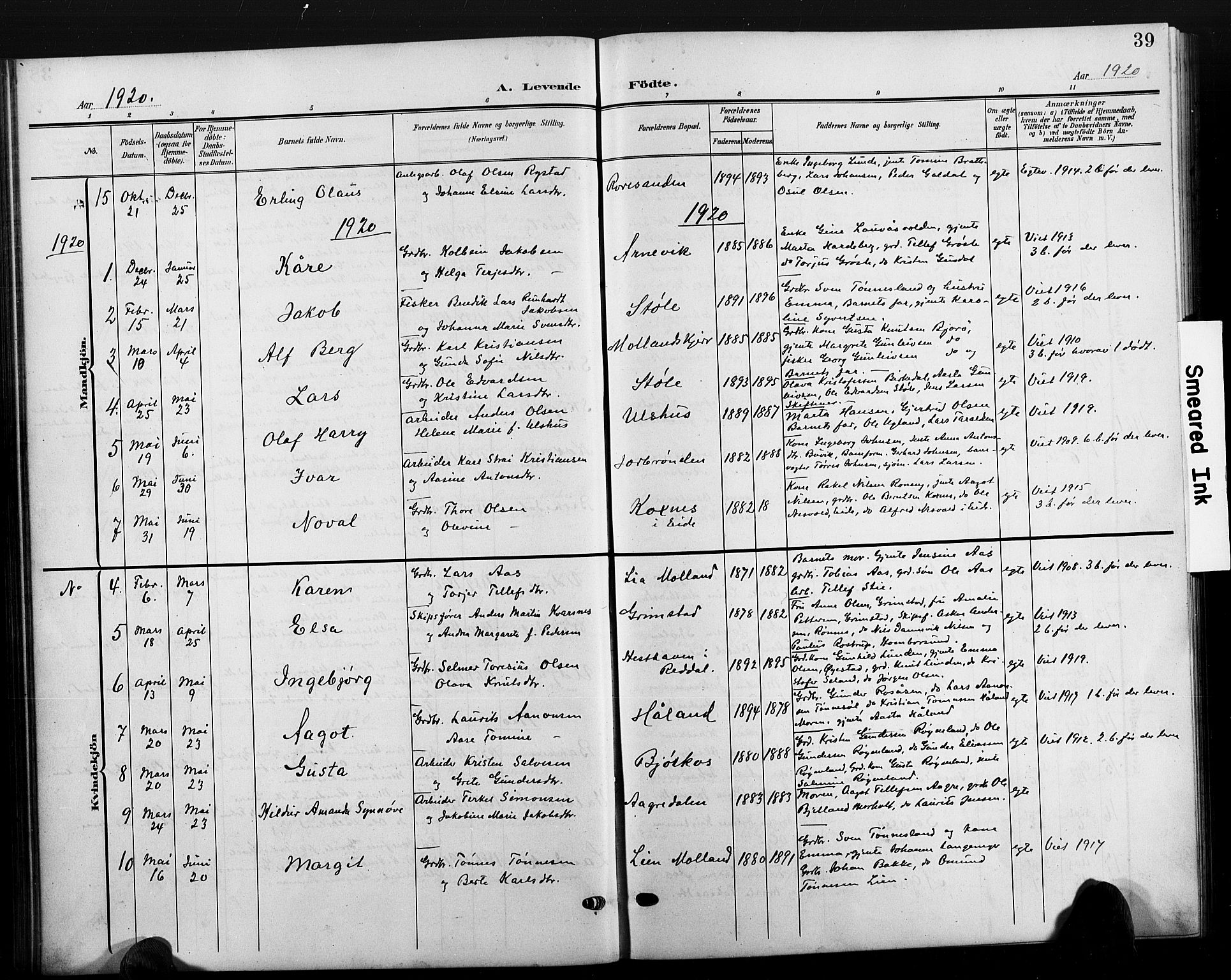 Hommedal sokneprestkontor, AV/SAK-1111-0023/F/Fb/Fbb/L0008: Parish register (copy) no. B 8, 1905-1929, p. 39