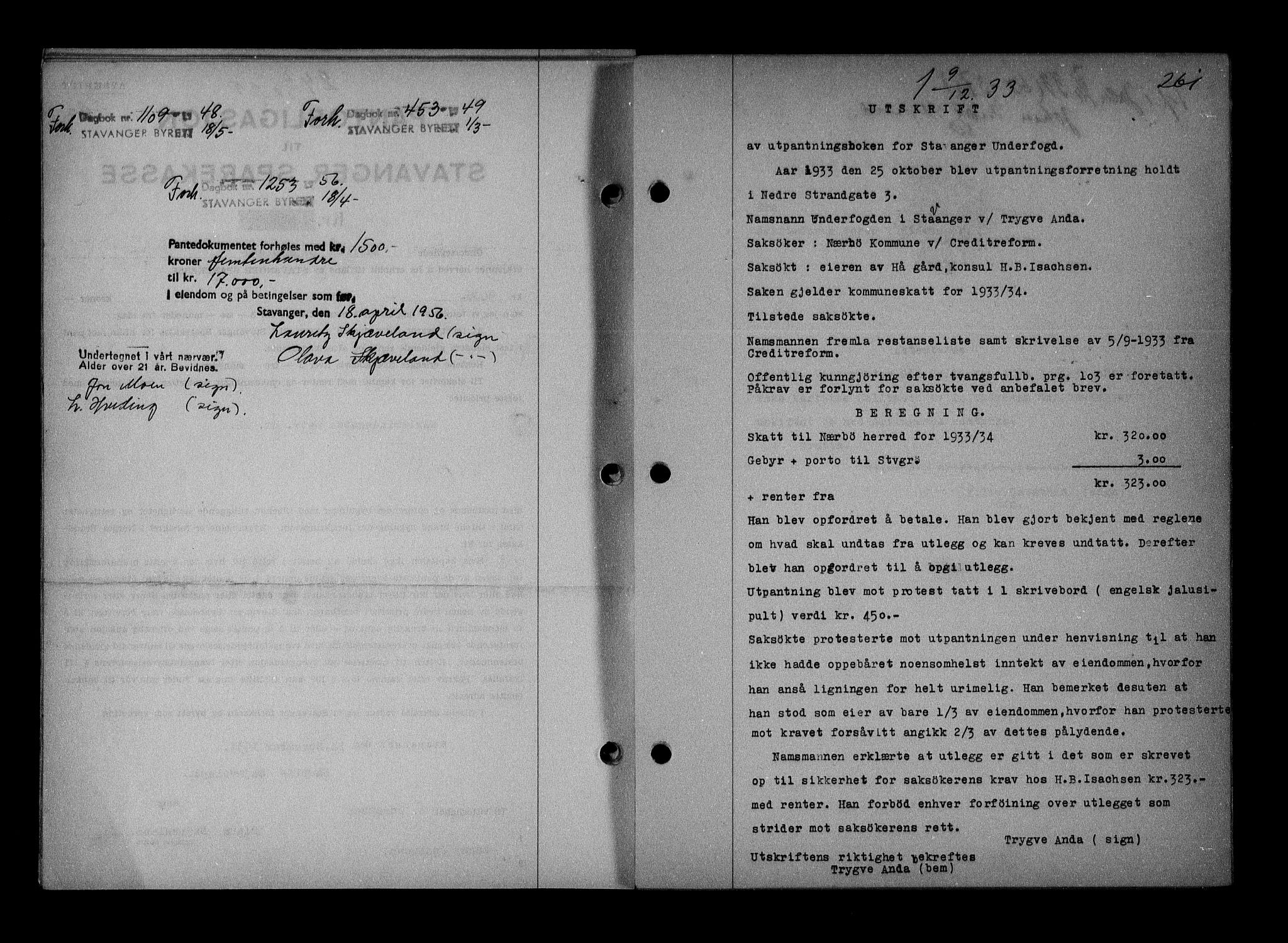 Stavanger byrett, SAST/A-100455/001/4/41/410BB/L0005: Mortgage book no. 55, 1933-1934, Deed date: 09.12.1933