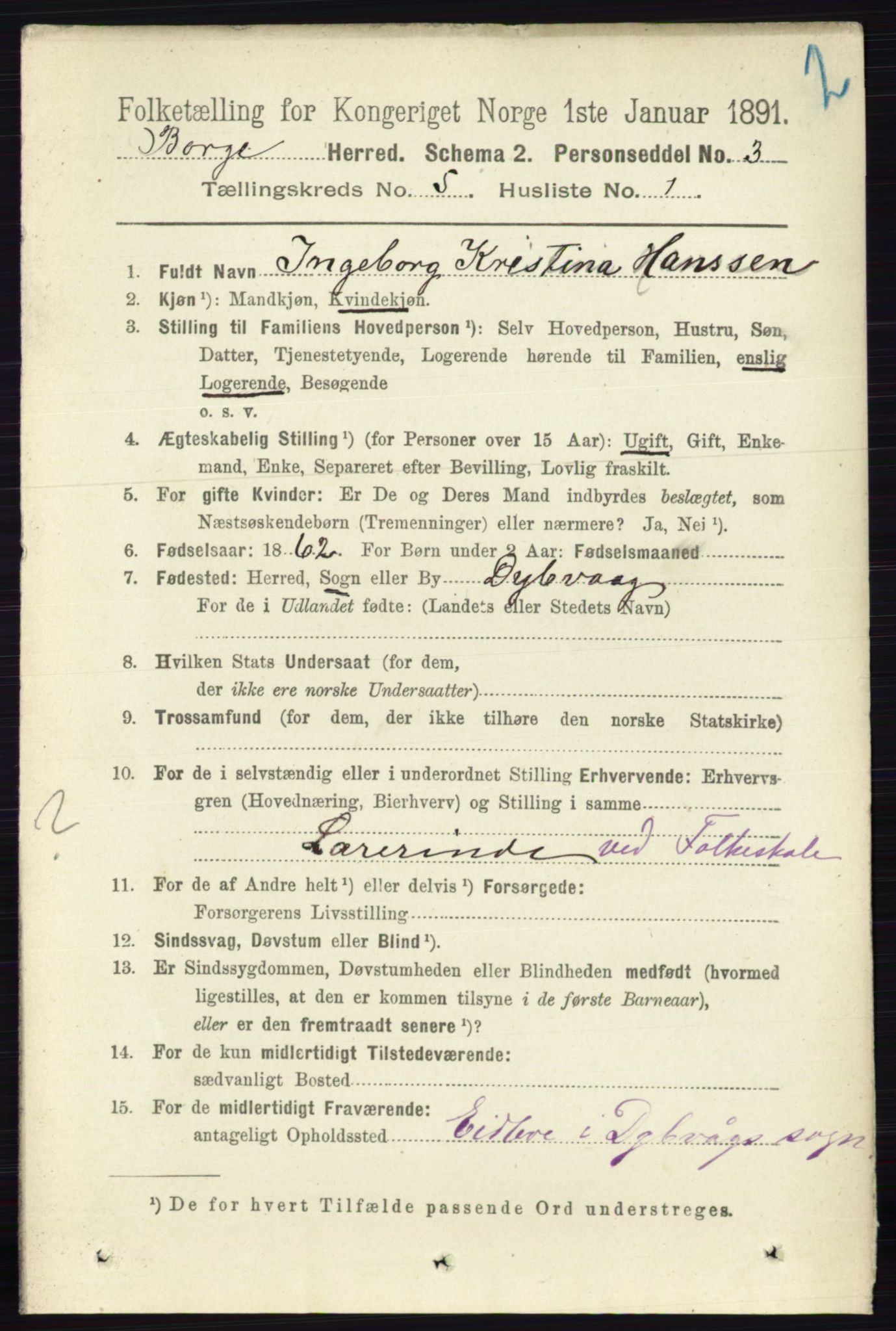 RA, 1891 census for 0113 Borge, 1891, p. 2388