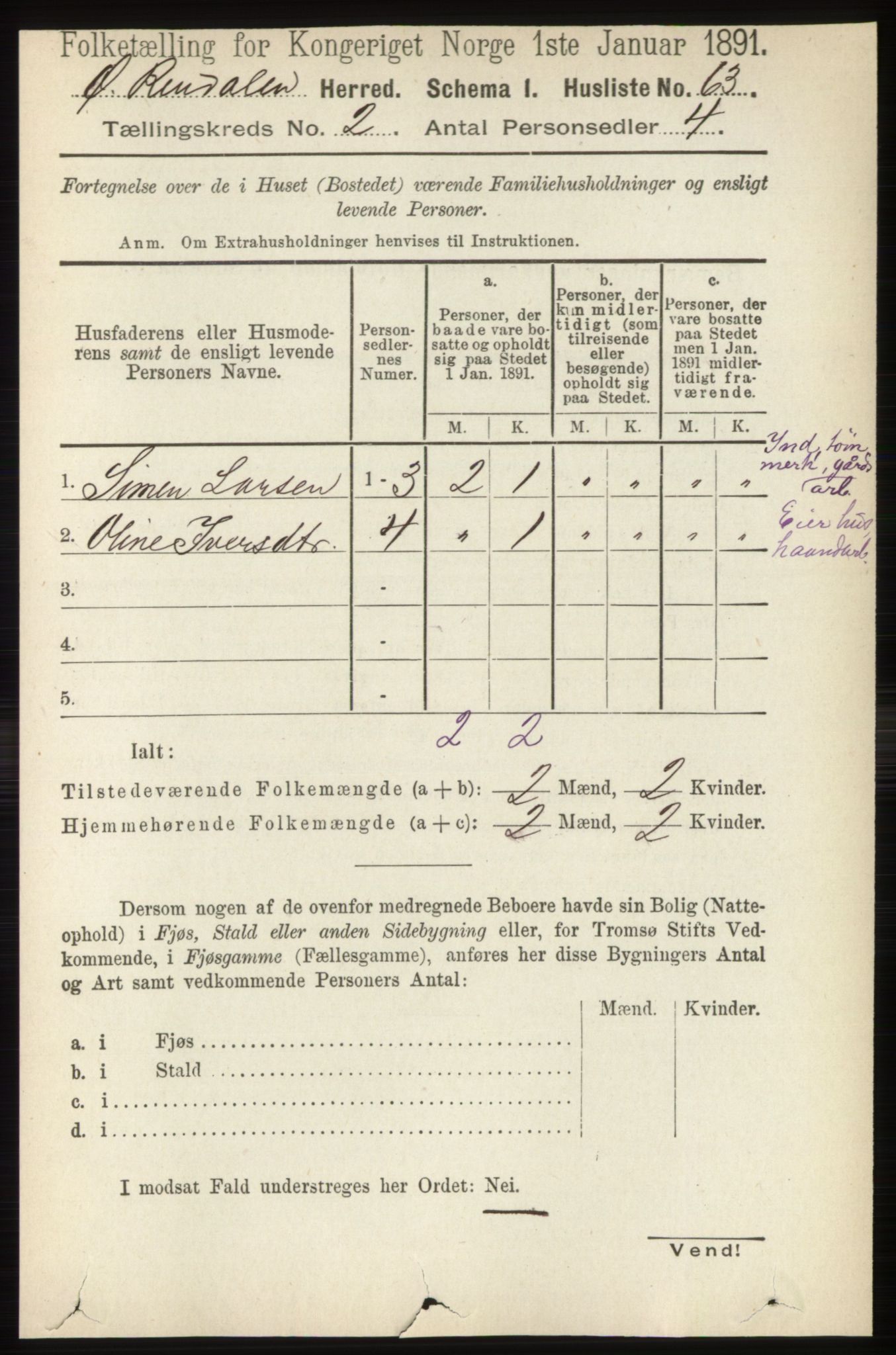 RA, 1891 census for 0433 Øvre Rendal, 1891, p. 396