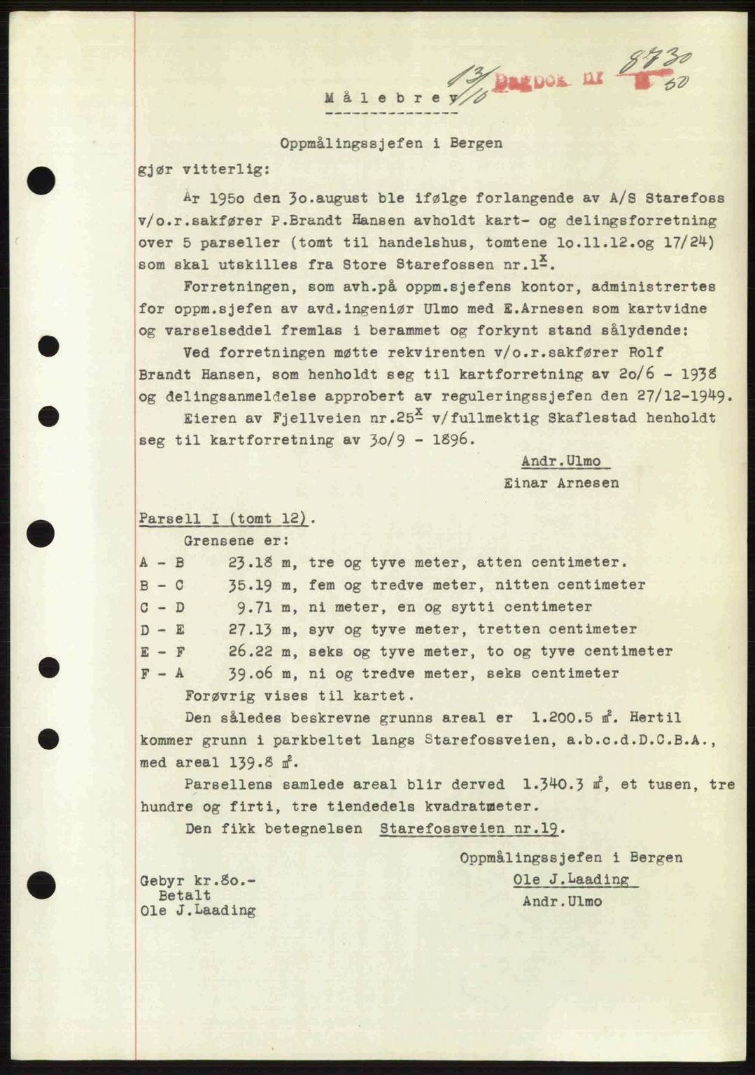 Byfogd og Byskriver i Bergen, SAB/A-3401/03/03Bc/L0034: Mortgage book no. A27-28, 1950-1950, Diary no: : 8730/1950