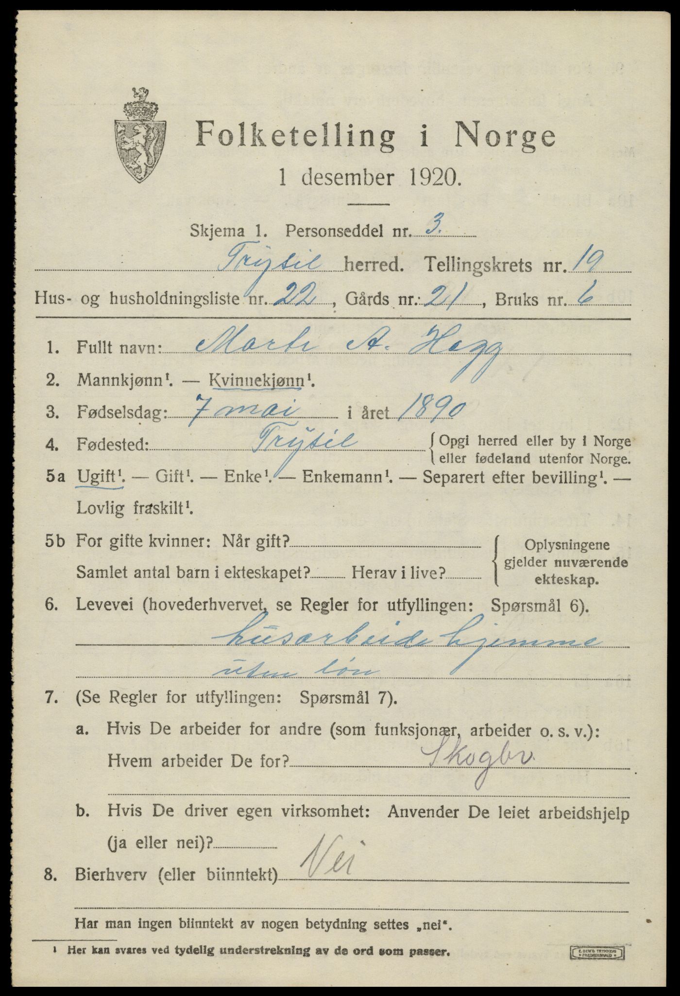 SAH, 1920 census for Trysil, 1920, p. 12989