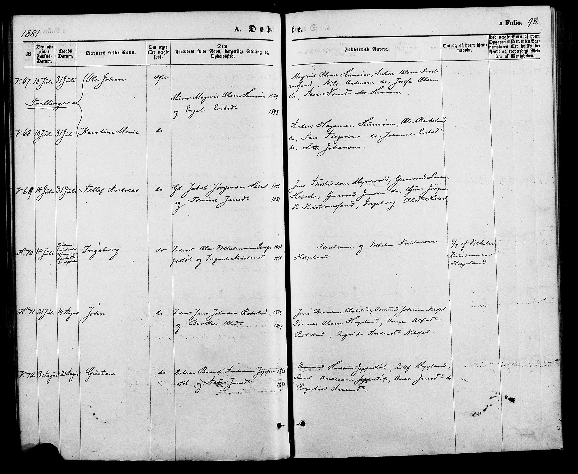 Vennesla sokneprestkontor, AV/SAK-1111-0045/Fa/Fac/L0008: Parish register (official) no. A 8, 1874-1883, p. 98