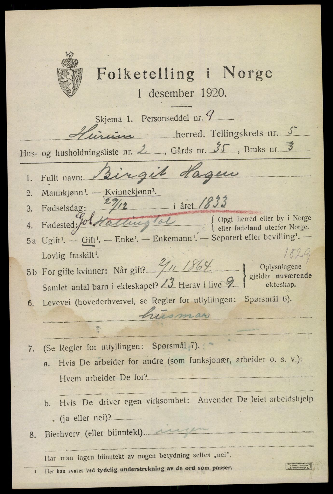 SAKO, 1920 census for Hurum, 1920, p. 6128