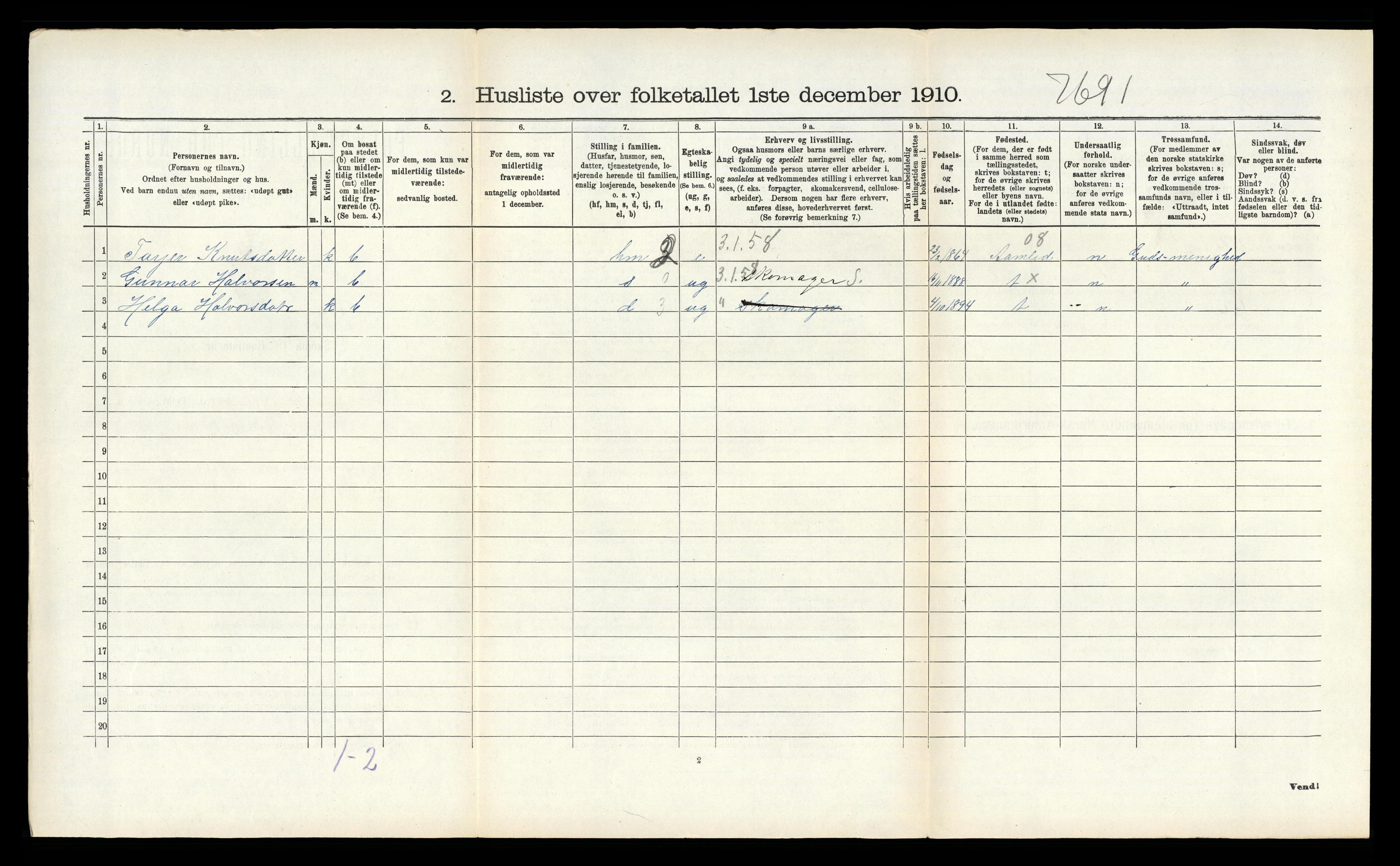 RA, 1910 census for Vegårshei, 1910, p. 395