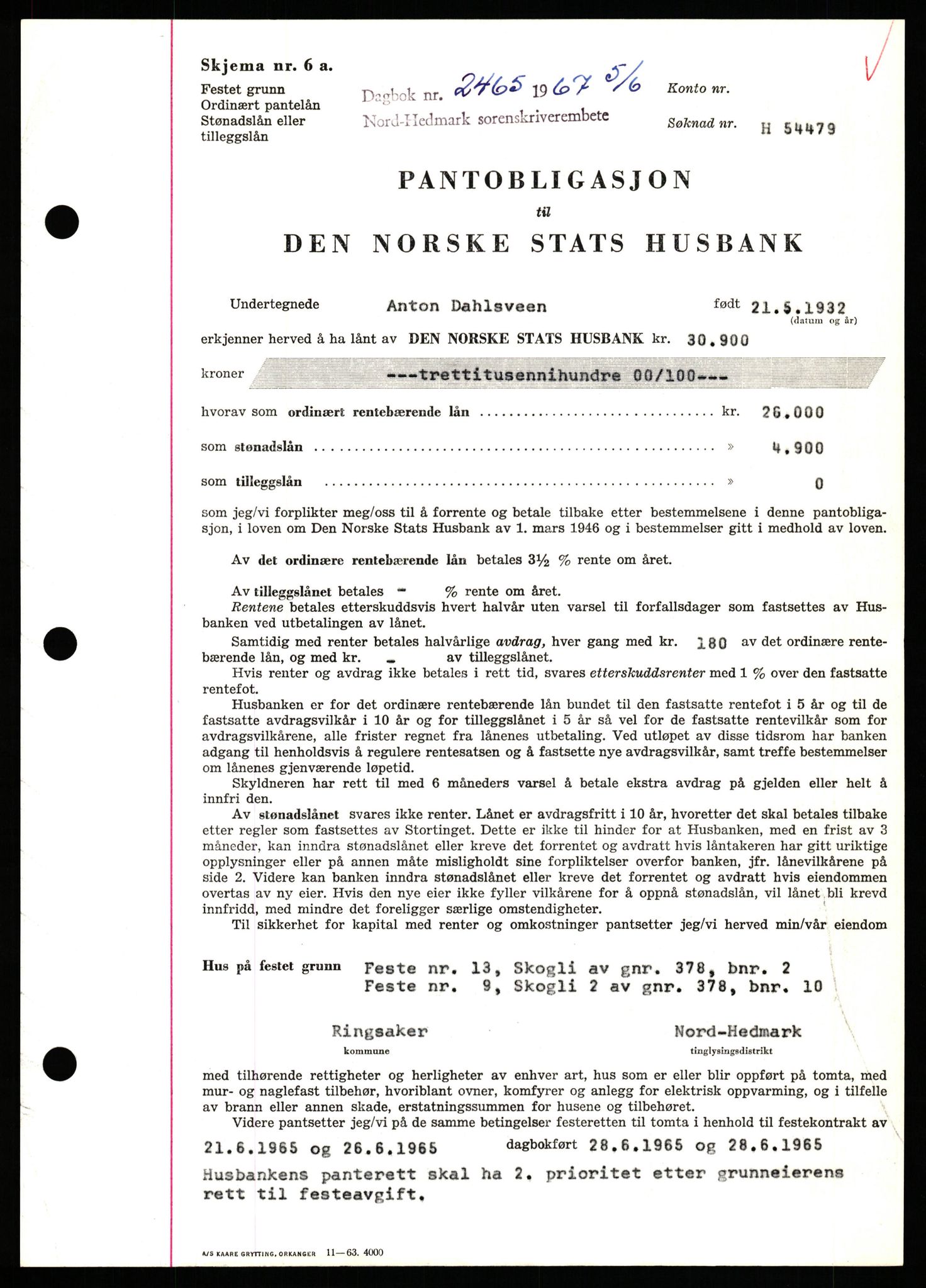 Nord-Hedmark sorenskriveri, SAH/TING-012/H/Hb/Hbf/L0071: Mortgage book no. B71, 1967-1967, Diary no: : 2465/1967