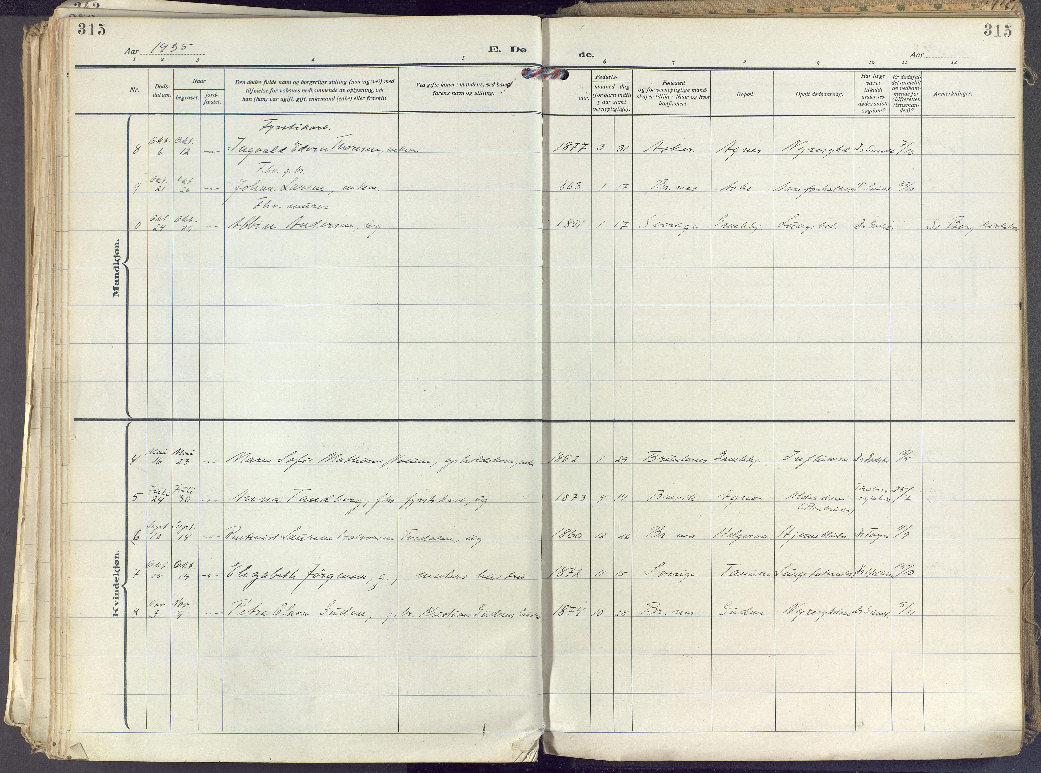 Brunlanes kirkebøker, AV/SAKO-A-342/F/Fc/L0004: Parish register (official) no. III 4, 1923-1943, p. 315