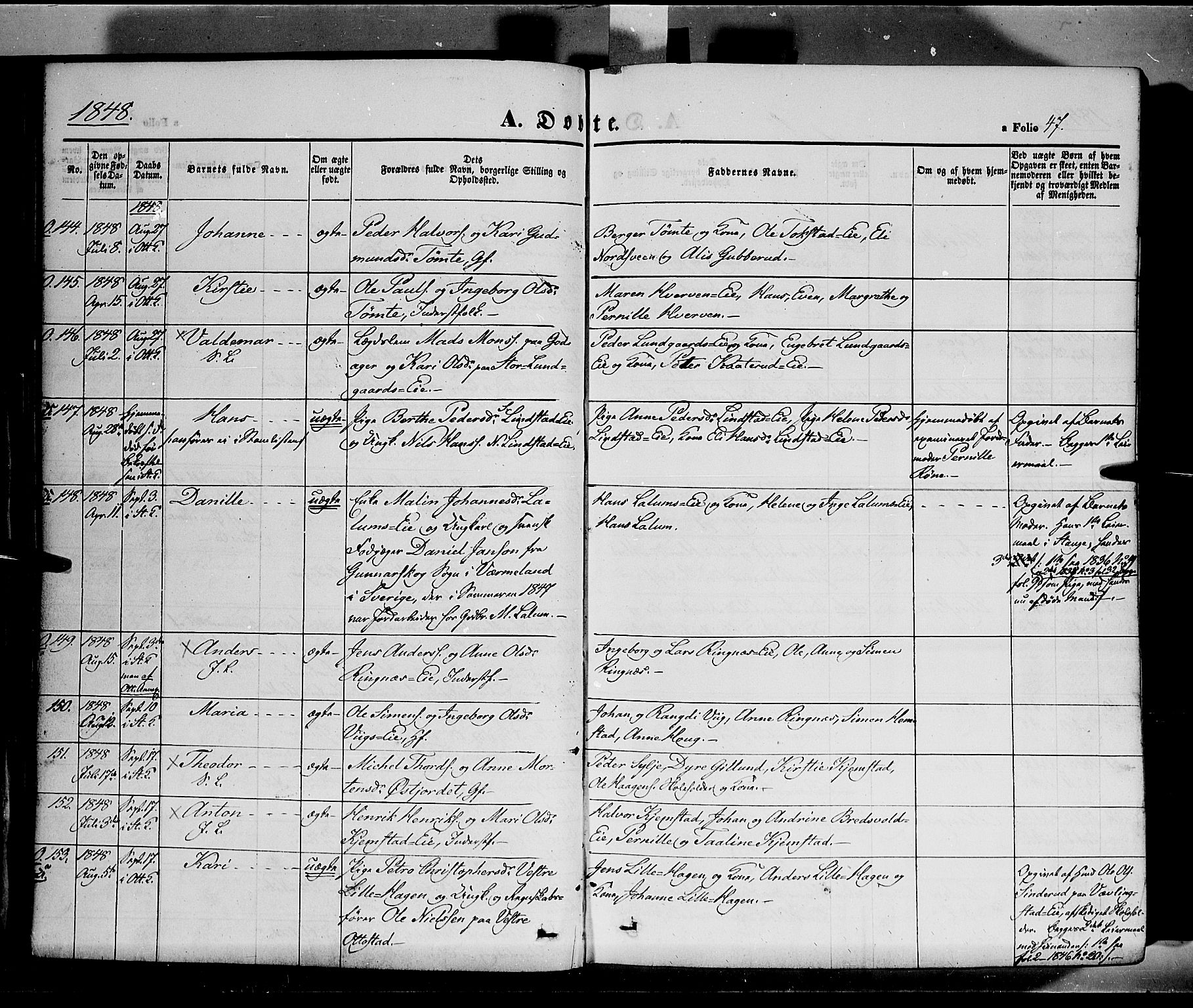 Stange prestekontor, SAH/PREST-002/K/L0011: Parish register (official) no. 11, 1846-1852, p. 47