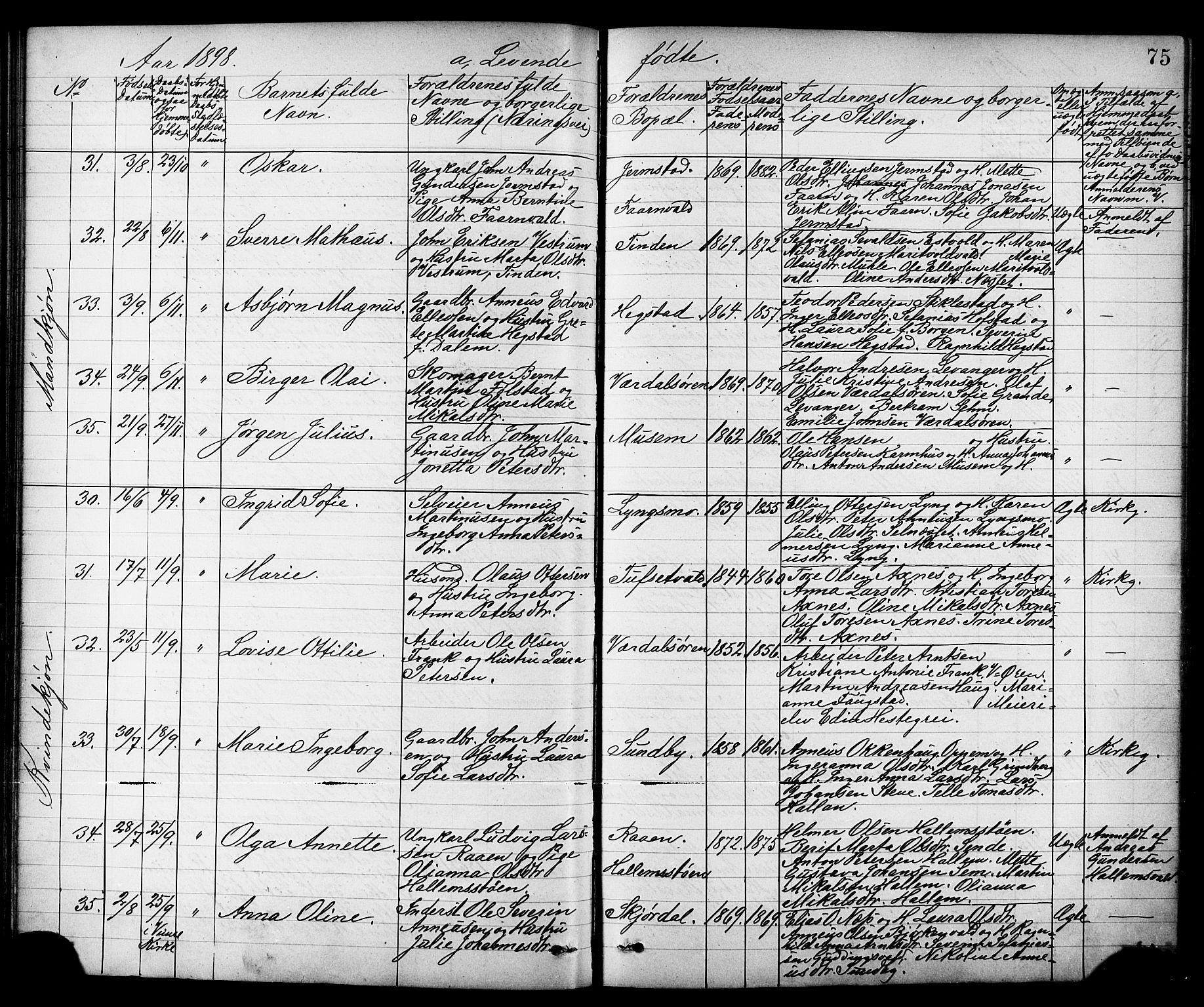 Ministerialprotokoller, klokkerbøker og fødselsregistre - Nord-Trøndelag, AV/SAT-A-1458/723/L0257: Parish register (copy) no. 723C05, 1890-1907, p. 75