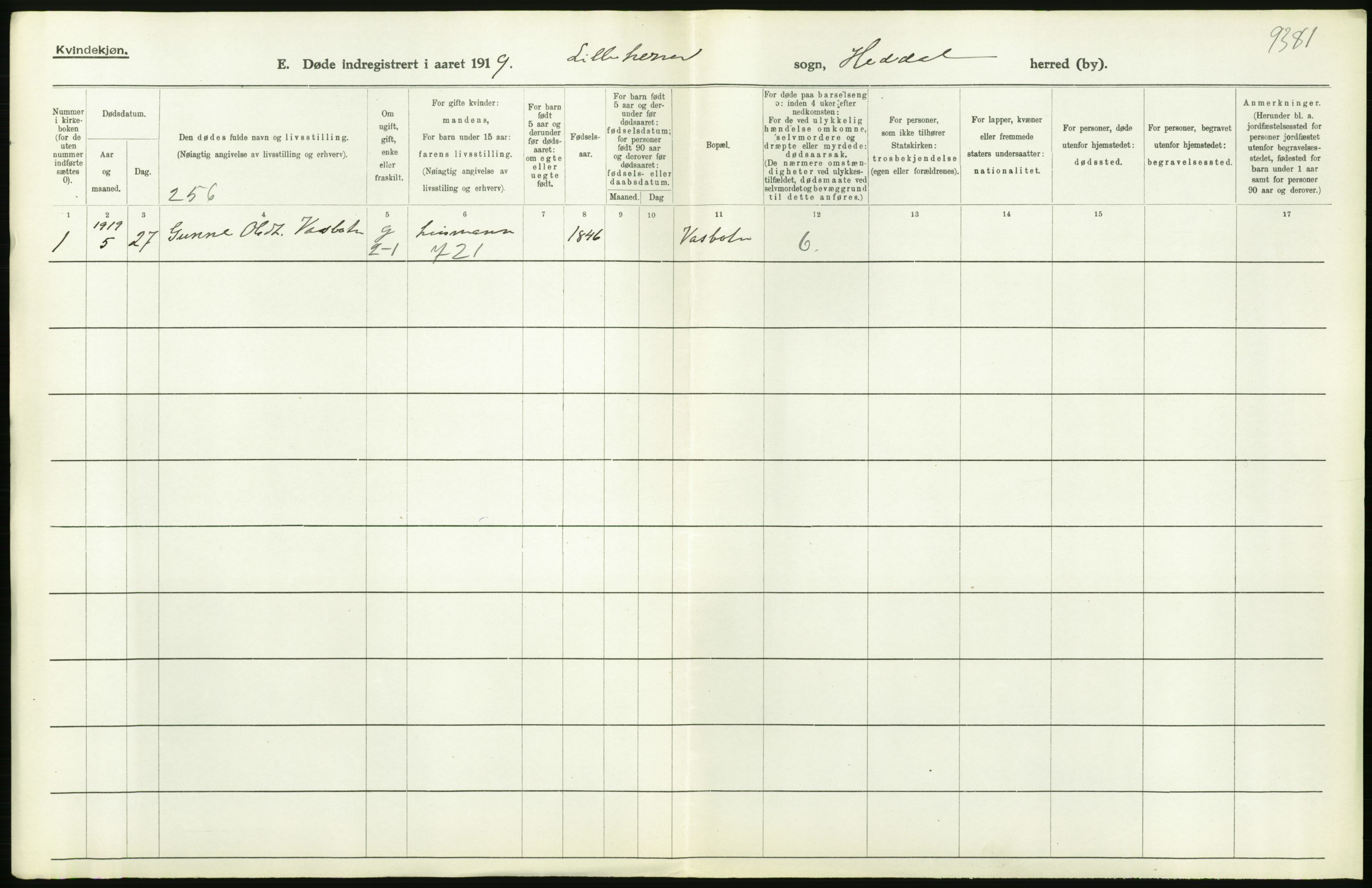 Statistisk sentralbyrå, Sosiodemografiske emner, Befolkning, RA/S-2228/D/Df/Dfb/Dfbi/L0023: Telemark fylke: Døde. Bygder og byer., 1919, p. 278