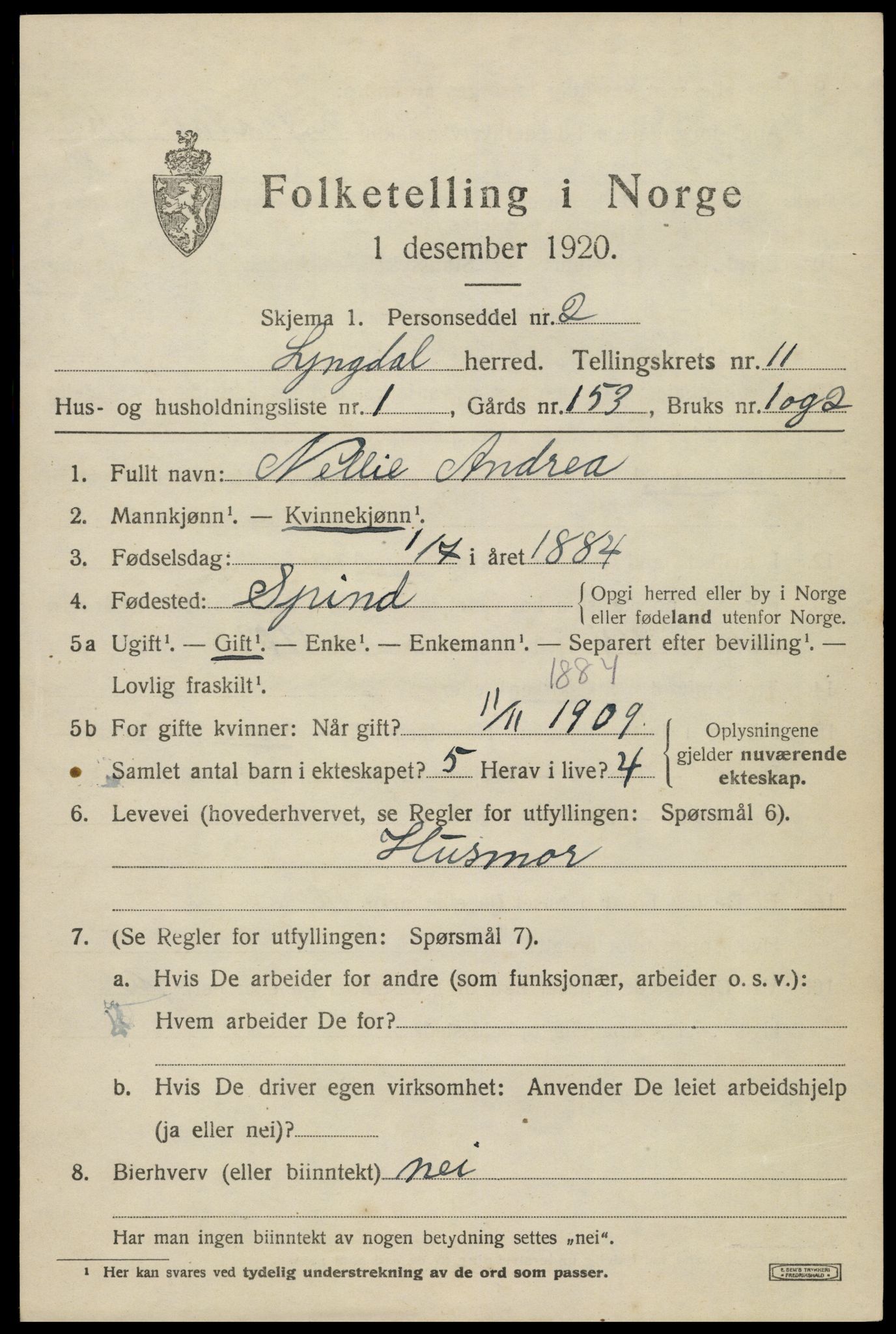 SAK, 1920 census for Lyngdal, 1920, p. 5287