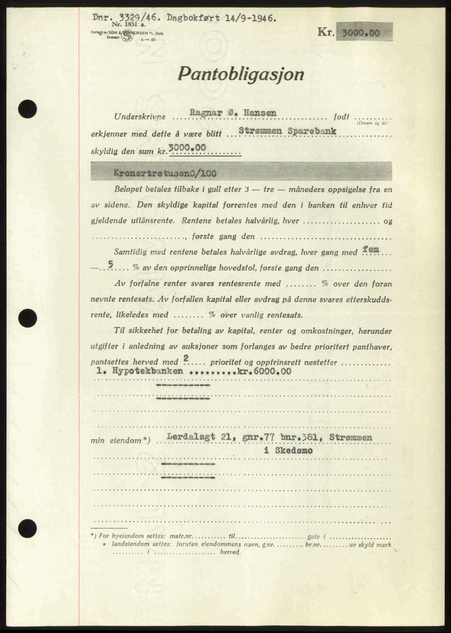 Nedre Romerike sorenskriveri, AV/SAO-A-10469/G/Gb/Gbd/L0017: Mortgage book no. 17, 1946-1946, Diary no: : 3329/1946