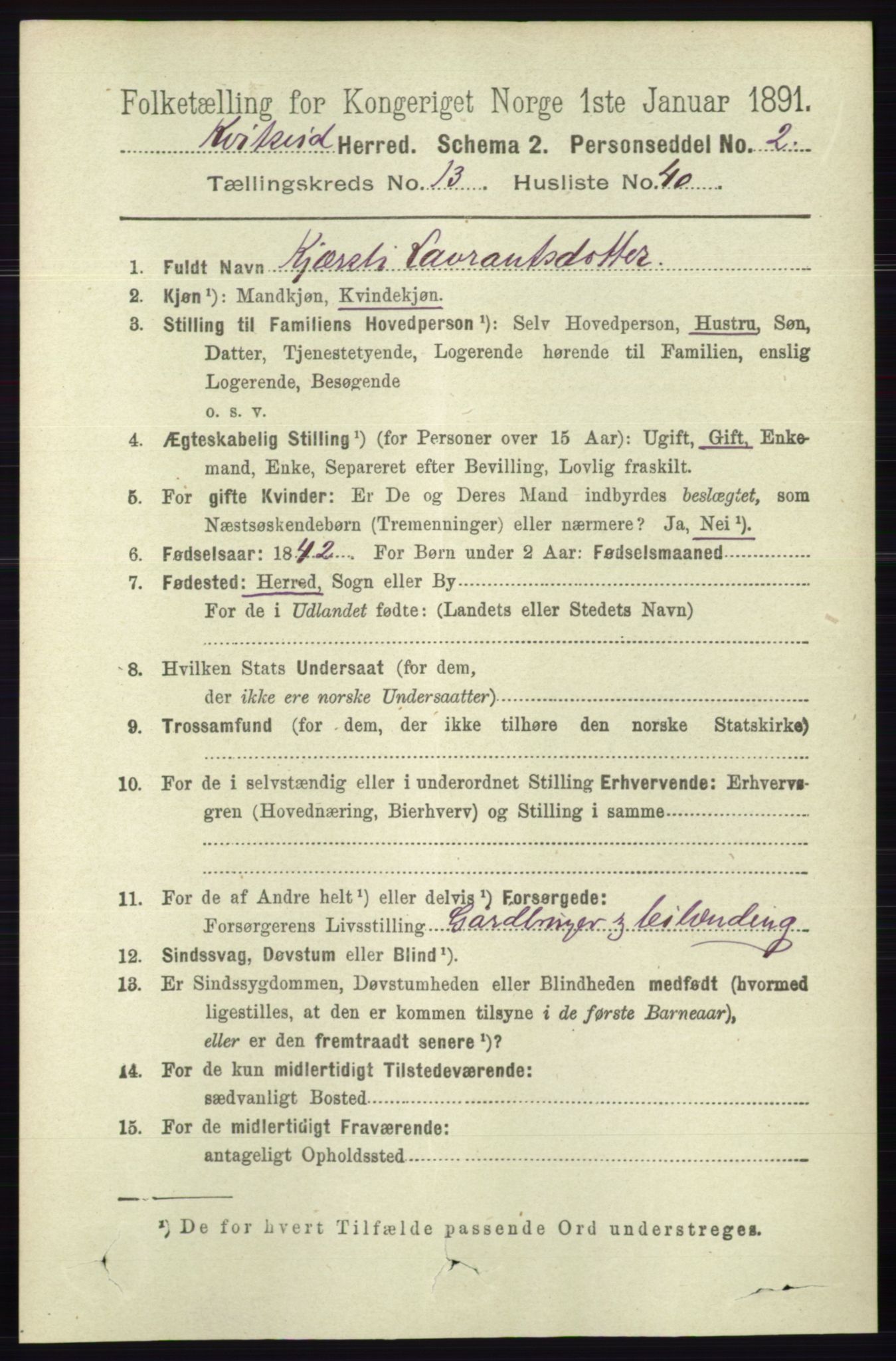 RA, 1891 census for 0829 Kviteseid, 1891, p. 3308