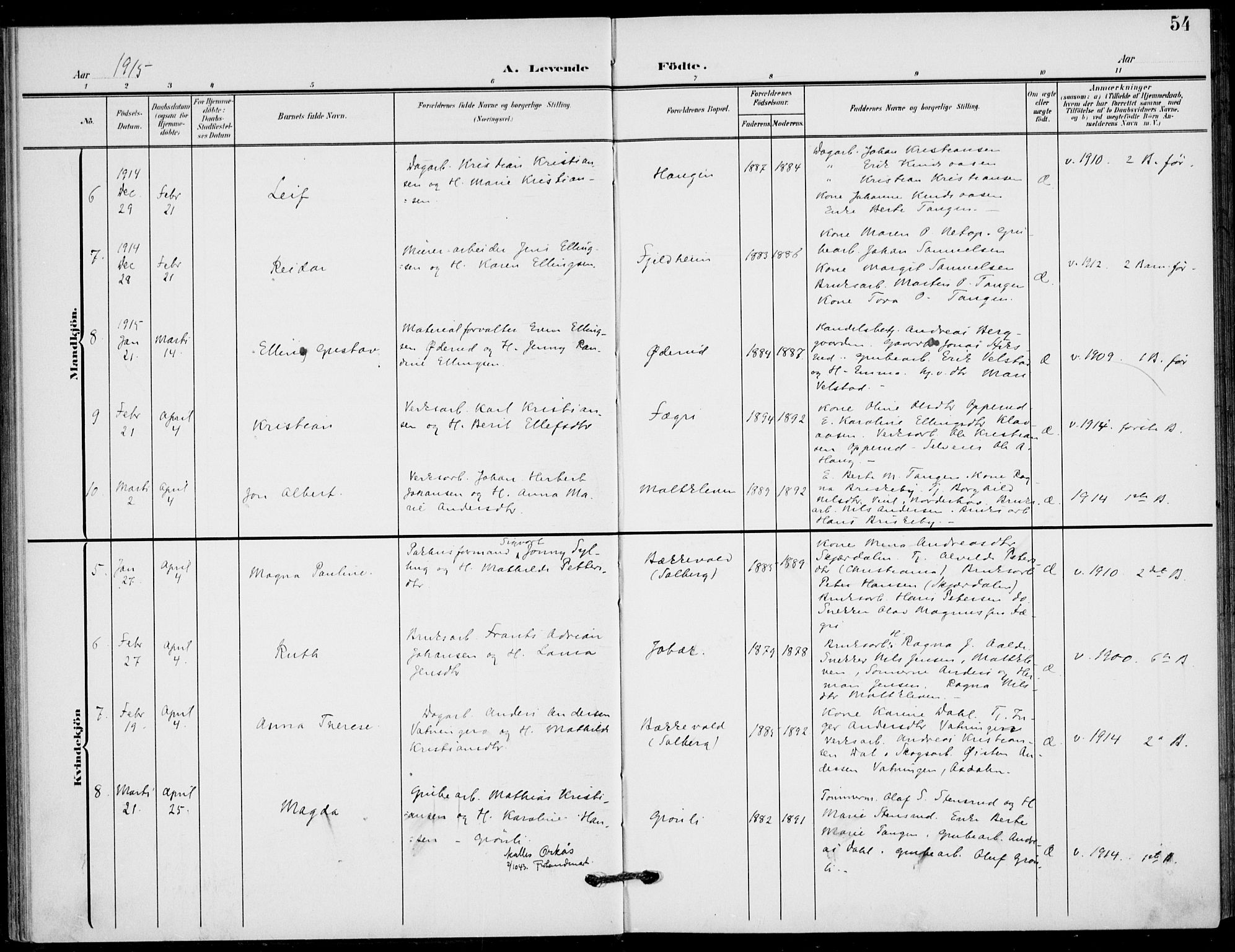 Hole kirkebøker, AV/SAKO-A-228/F/Fb/L0003: Parish register (official) no. II 3, 1906-1916, p. 54