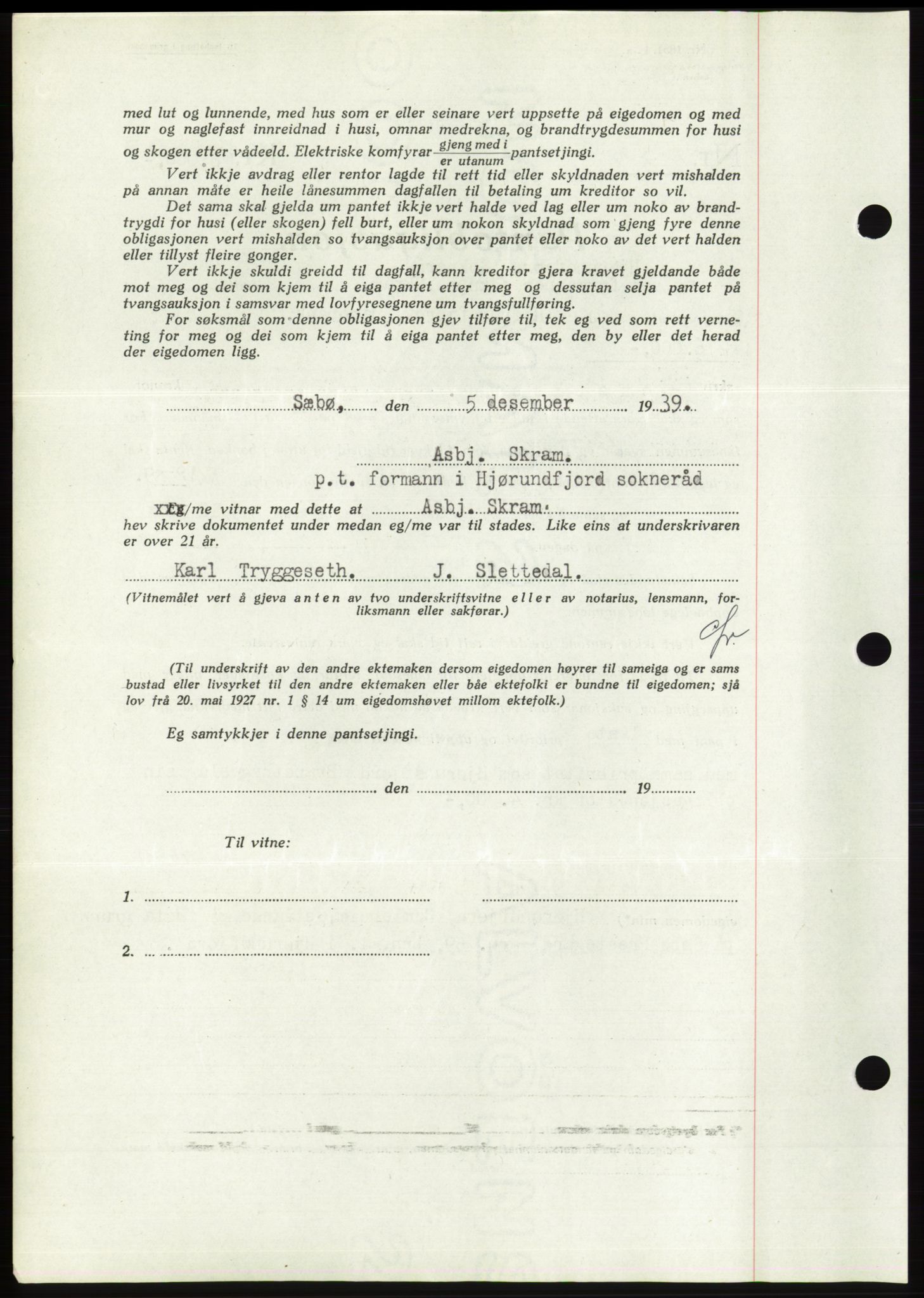 Søre Sunnmøre sorenskriveri, AV/SAT-A-4122/1/2/2C/L0069: Mortgage book no. 63, 1939-1940, Diary no: : 283/1940