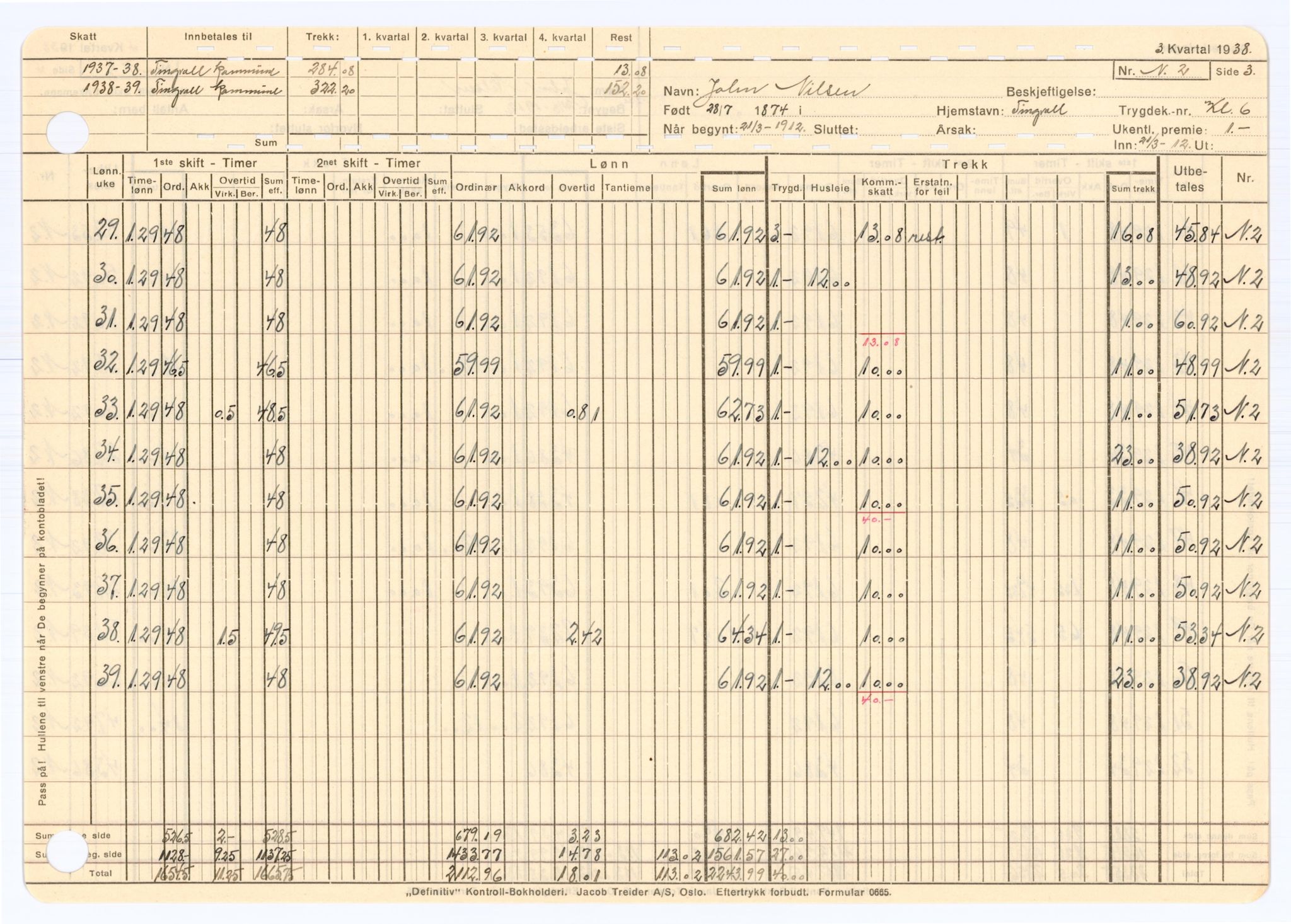 Tingvoll Ullvarefabrikk, IKAM/P-00482/R/Rb/Rbb/L0002/0002: Lønningslister / Lønningslister, 1938