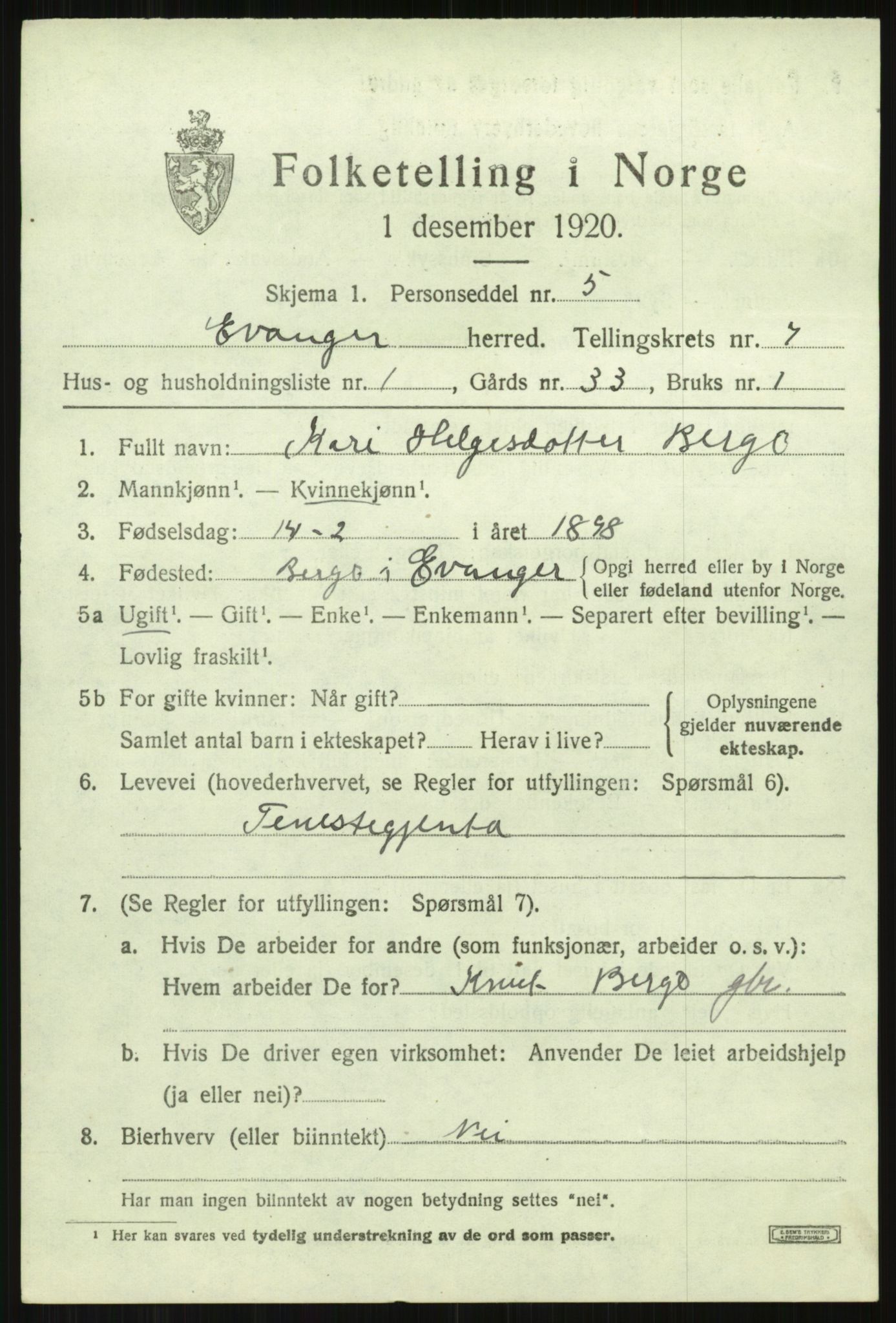 SAB, 1920 census for Evanger, 1920, p. 2327