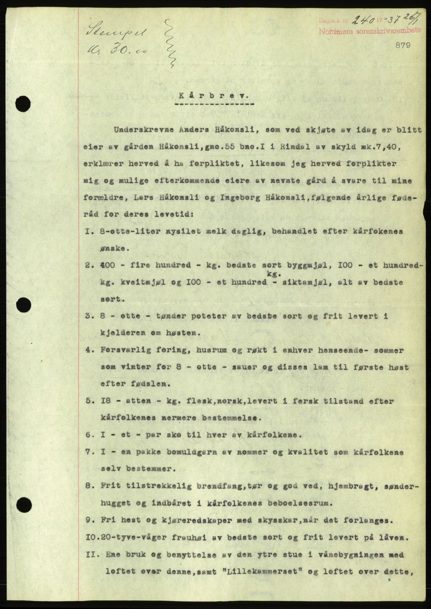 Nordmøre sorenskriveri, AV/SAT-A-4132/1/2/2Ca/L0090: Mortgage book no. B80, 1936-1937, Diary no: : 240/1937