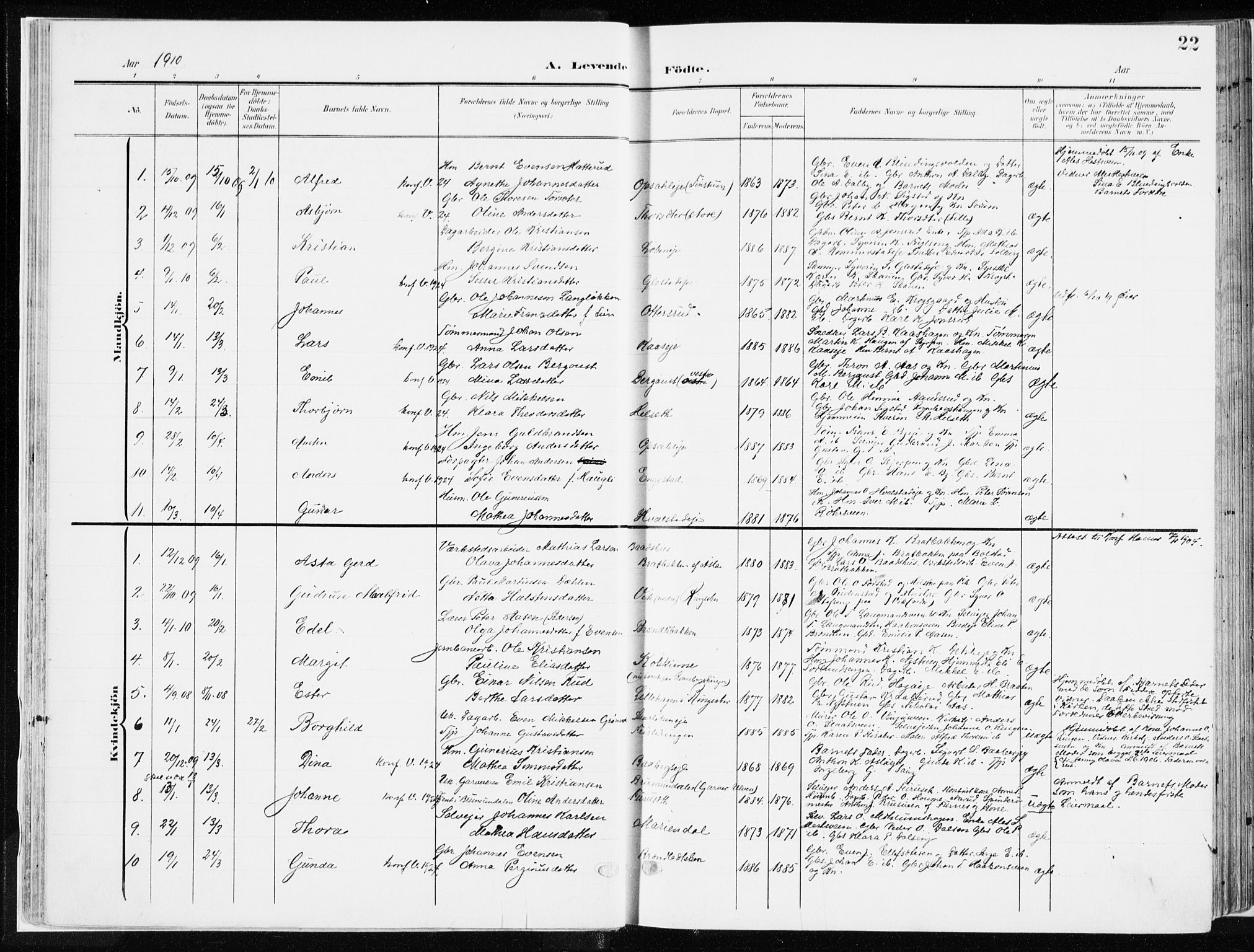 Ringsaker prestekontor, AV/SAH-PREST-014/K/Ka/L0019: Parish register (official) no. 19, 1905-1920, p. 22