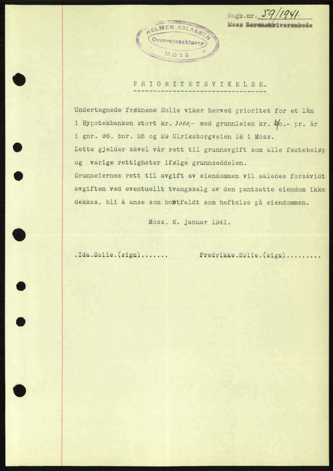 Moss sorenskriveri, SAO/A-10168: Mortgage book no. B10, 1940-1941, Diary no: : 59/1941