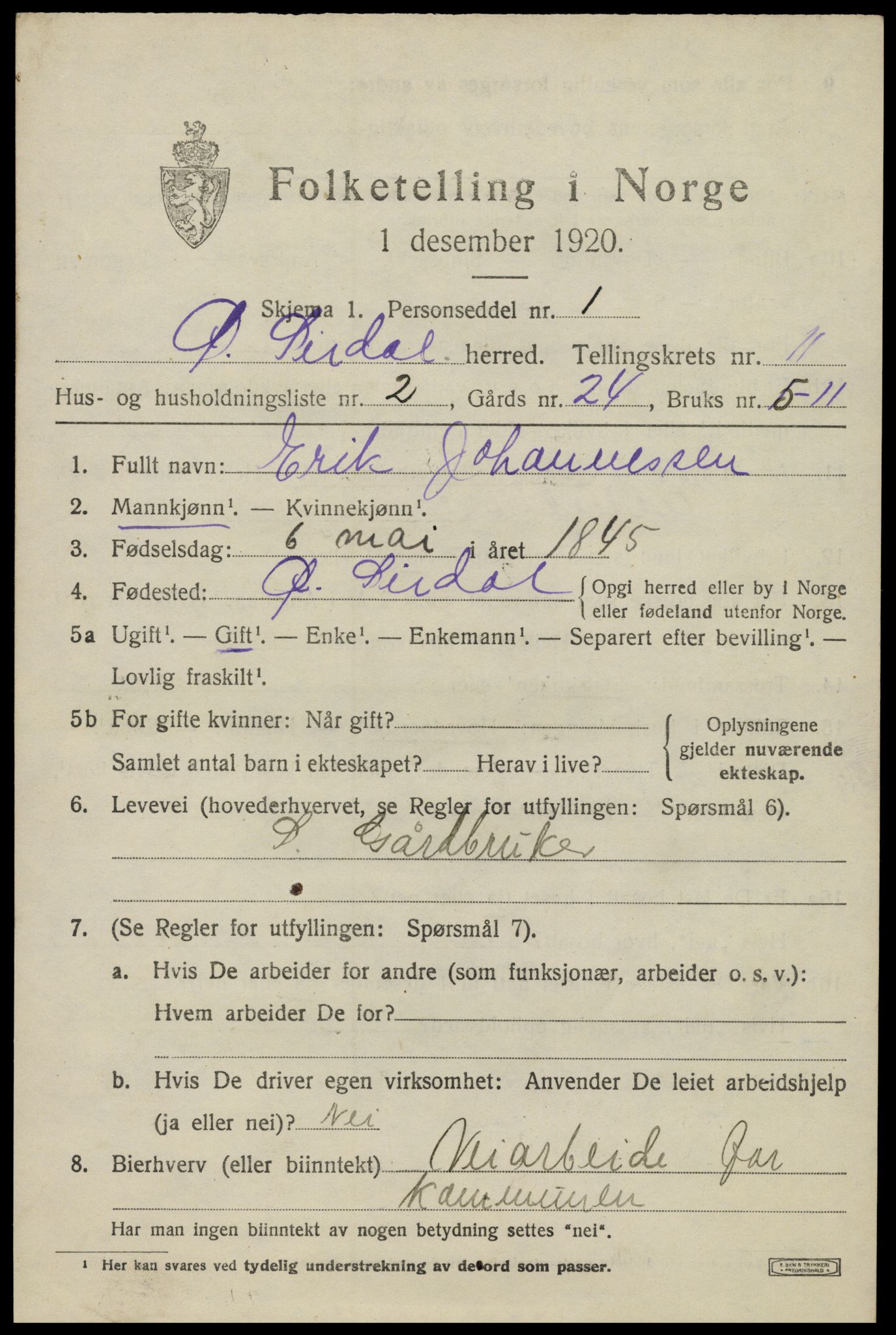 SAK, 1920 census for Øvre Sirdal, 1920, p. 1823