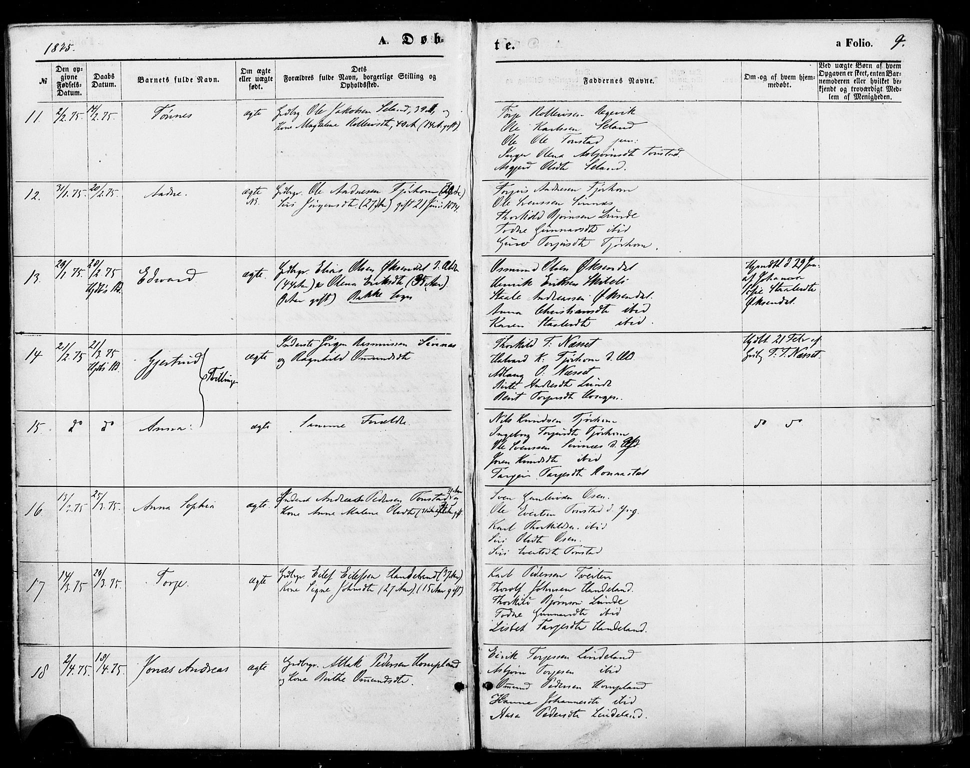 Sirdal sokneprestkontor, AV/SAK-1111-0036/F/Fa/Fab/L0003: Parish register (official) no. A 3, 1874-1886, p. 9